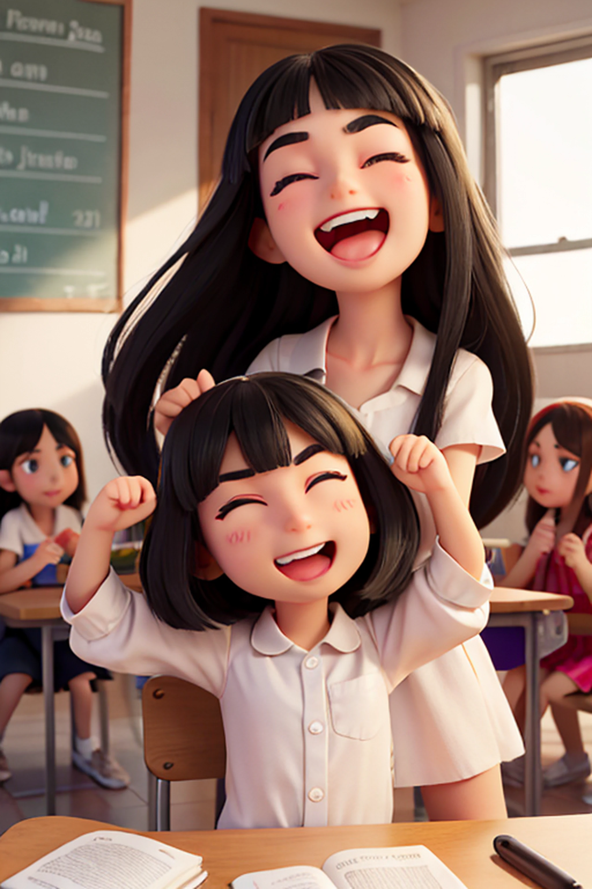 menina com cabelo preto liso longo, olhos claros, in a circle with your friends, olhando para uma de suas amigas voltada para a esquerda e rindo com os olhos fechados, as sobrancelhas levantadas e a boca aberta de felicidade, em uma sala de aula.