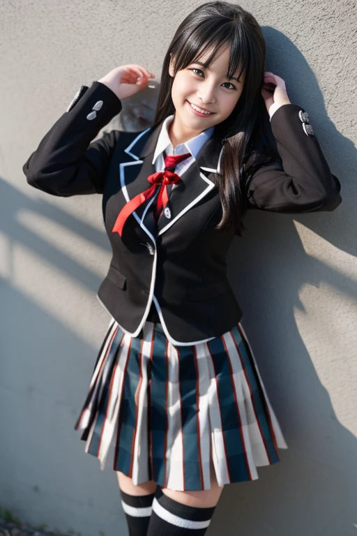 (masterpiece, best quality:1.2), cowboy shot, solo, 1girl, yukinoshita yukino, smile, open mouth, looking at viewer, cute pose, black shadow eye, school uniform, black jacket, plaid skirt, black stockings