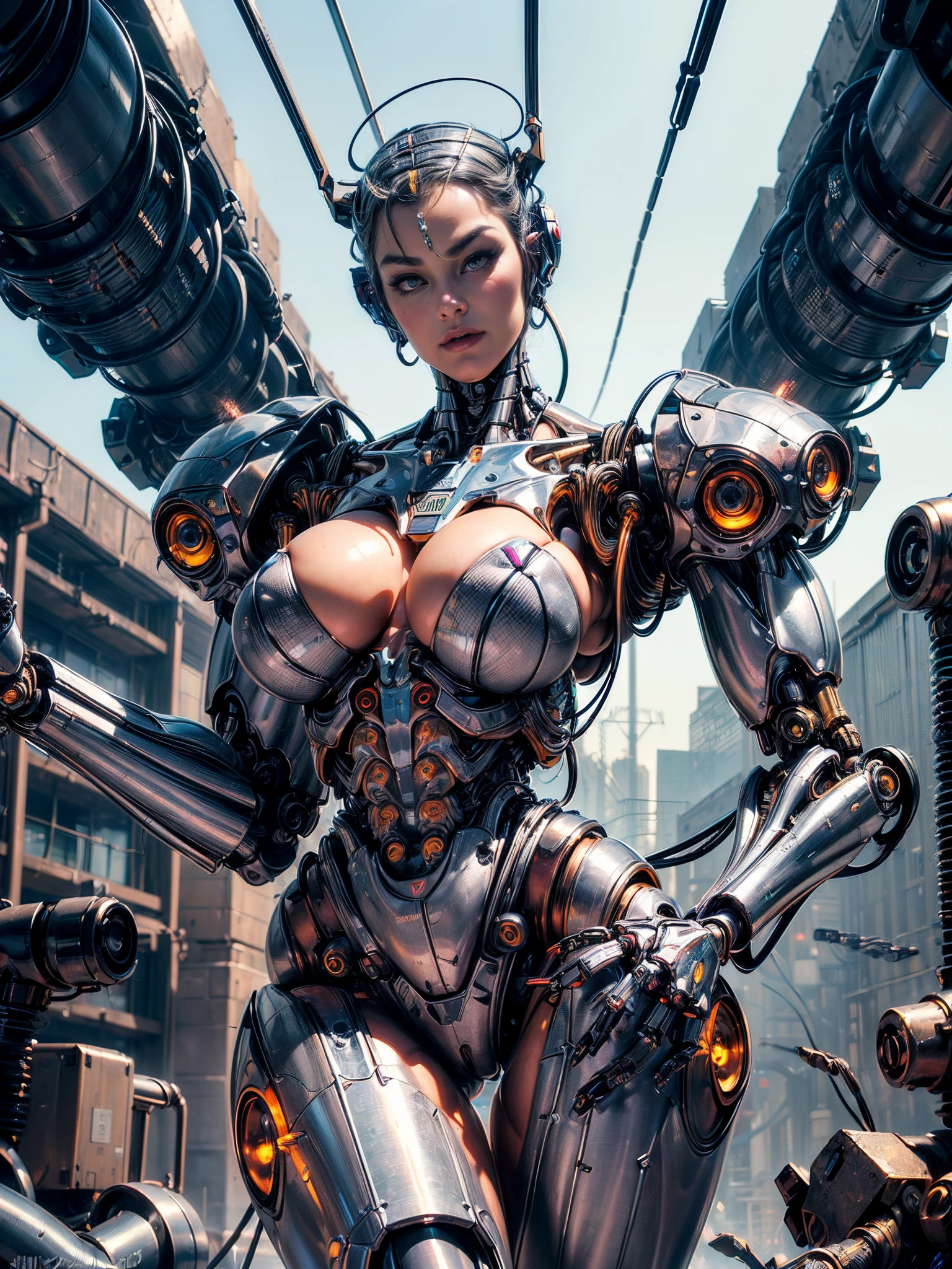 (beautiful cyborg queen:1.5), (robotic mechanical physique:1.5), (1 super muscular cyborg demoness:1.5), (covered in cables and mechanical muscles:1.5), (android muscular anatomy:1.5), (perfect fingers:1.25),(8k, RAW photo, photorealistic:1.25), sci fi atmosphere, futuristic technopia, alien landscape,