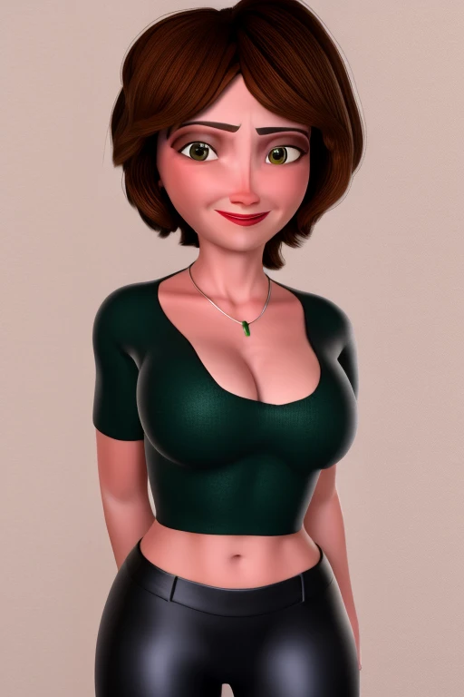 aunt cass, modern disney style,1girl, solo, medium breasts, brown hair, short hair, red crop-top, black shiny leggings, looking at viewer, green eyes, upper body, smile, cleavage, lips, full body portrait