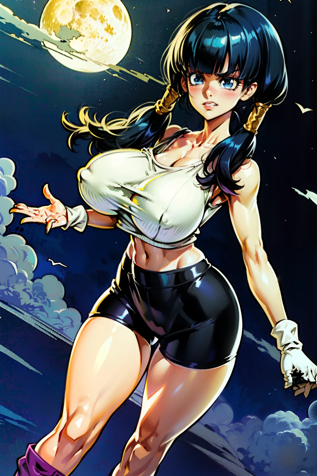 Waifu, masterpiece, curvy, breasts, moon, full moon, gloves, 1girl, clenched teeth, videl, cleavage, large breasts, teeth, ((straight black hair)), ((white top:1.3)), blue eyes, rating:explicit,rule34, hardcore, tits,clenched hands, night, sky, ((side bangs:1.4)), (white skin:1.5), bare shoulders, blue hair, clenched hand, rating:questionable, ((low twintails:1.5)), ((black tight shorts)), solo, angry, lip biting(gigantic and massive tits:1.1), breasts, official illustration, illustration, detailed face, beautiful intricate eyes,1:2), titsnipples