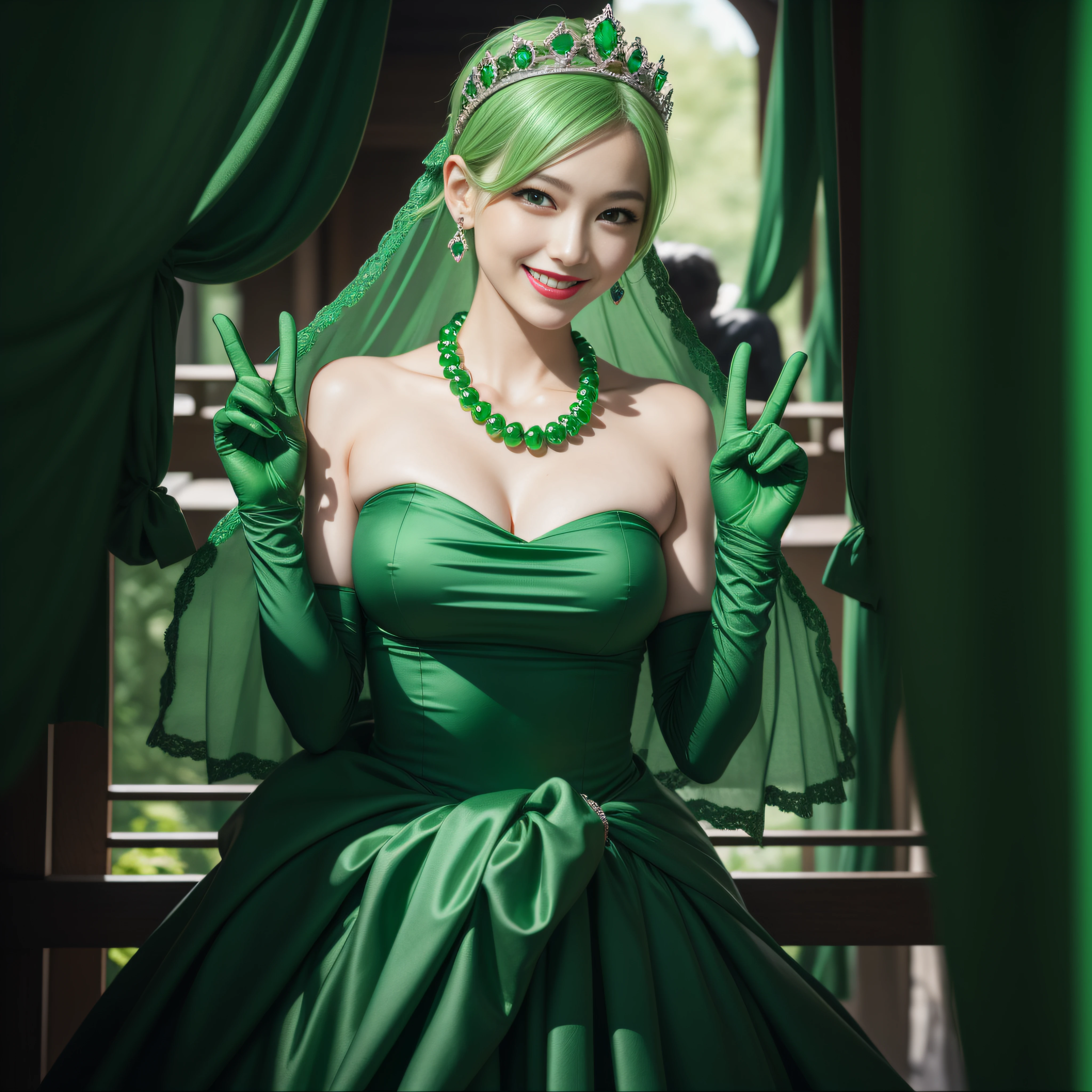 emerald tiara, Green Pearl Necklace, Boyish very short green hair, lipsticks, Japan woman smiling, very short short hair, big breasts beautiful, Green eyes, Long green gloves made of satin material, Green eyes, Emerald Earrings, green vale, v sign