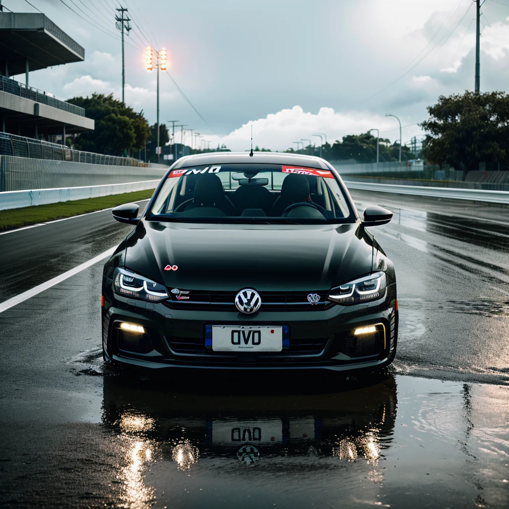 Volkswagen car virtus, all Black, windows Black, black paint. 3/4 front camera view day rainy scene, blurred race motor speedway background , cloud and light reflection on car.wet Street after Rain, Gta style, all Black, shiny, Volkswagen virtus 2023, 8k, RAW, Perfect light, blurred City, Perfect photo, lavida Volkswagen, sedan, sport, race, little red stripe , tuning for indy race, Grand theft auto, Water splashes for the car passing fast on a wet track, little more large that original