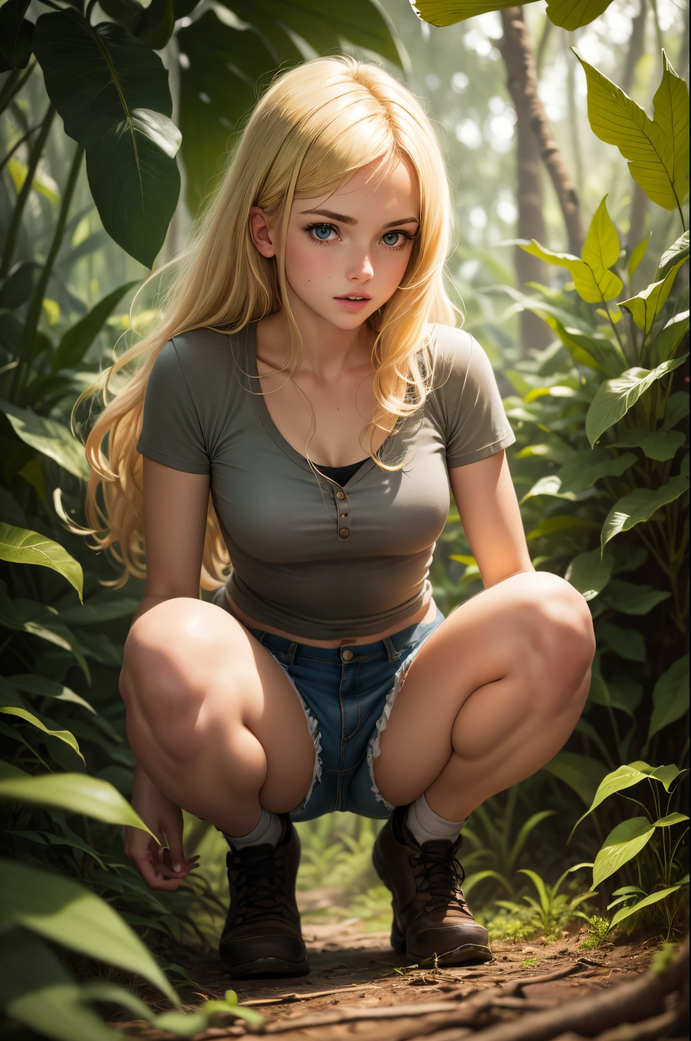 perfect beautiful blonde girl, short shorts, crouching in the jungle, hunting, german girl