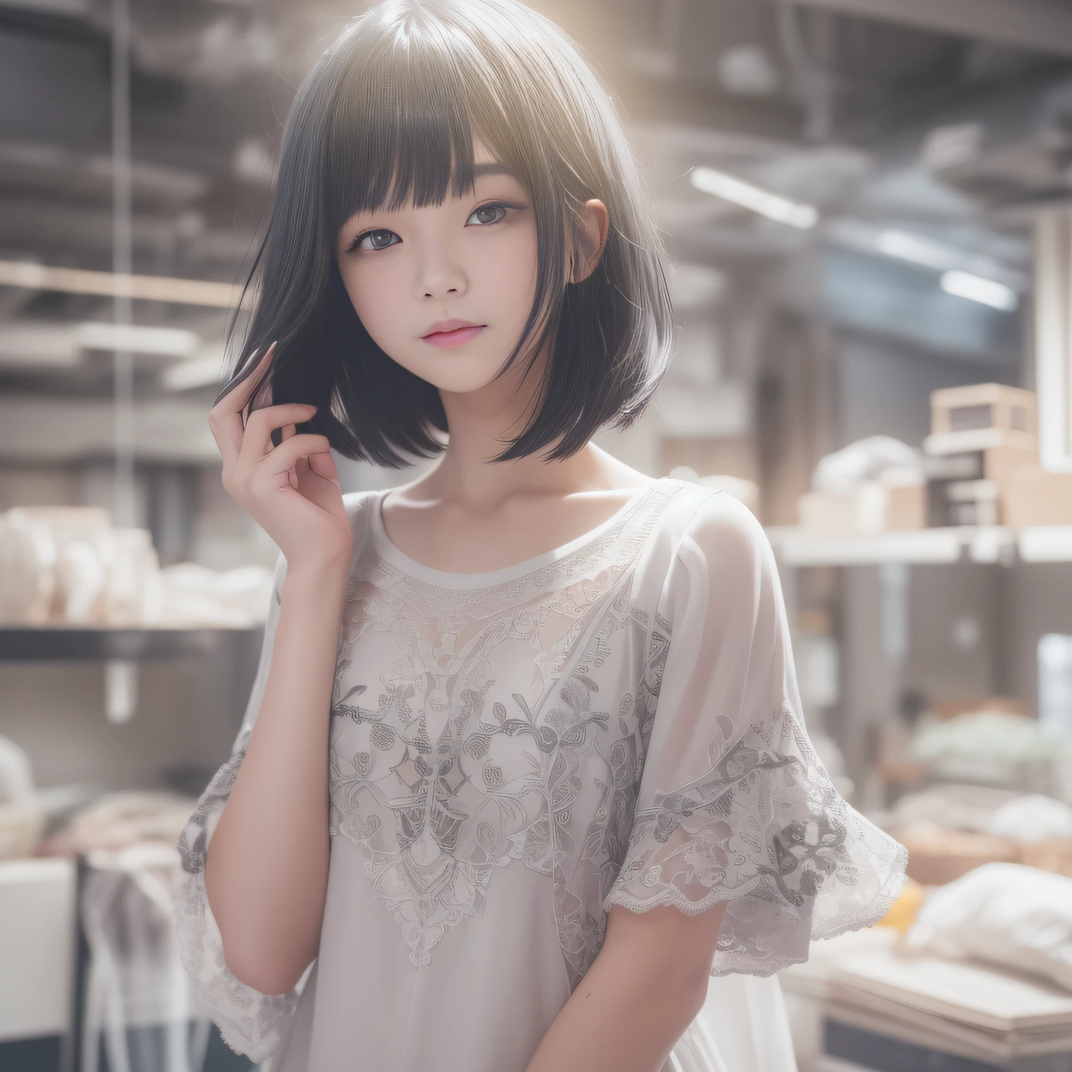 With the best image quality、 girl standing in room。(((Black Hair Bob Hair)))、Cute smile with mouth closed.。Fabric thin white short sleeve dress、Skin shows through、(Photorealsitic)、(intricate detailes:1.2)、(masterpiece、:1.3)、(top-quality:1.4)、(超A high resolution:1.2)、超A high resolution、(A detailed eye)、(detailed facial features)、nffsw、8K分辨率、hands on thighs、
