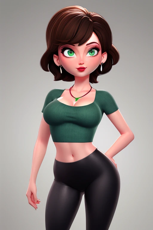 aunt cass, 1girl,green eyes, green_crop-top, black_leggings, breasts, cleavage, earrings, gradient, gradient_background, grey_background, jewelry, lips, lipstick, looking_at_viewer, makeup, medium_breasts, red_lips, short_hair, solo, brown_hair