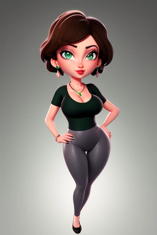 aunt cass, 1girl,green eyes, green_crop-top, black_leggings, breasts, cleavage, earrings, gradient, gradient_background, grey_background, jewelry, lips, lipstick, looking_at_viewer, makeup, medium_breasts, red_lips, short_hair, solo, brown_hair