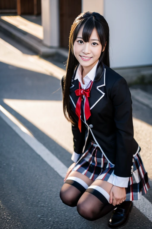 (masterpiece, best quality:1.2), cowboy shot, solo, 1girl, yukinoshita yukino, smile, open mouth, looking at viewer, ((squating)), black shadow eye, school uniform, black jacket, plaid skirt, black stockings