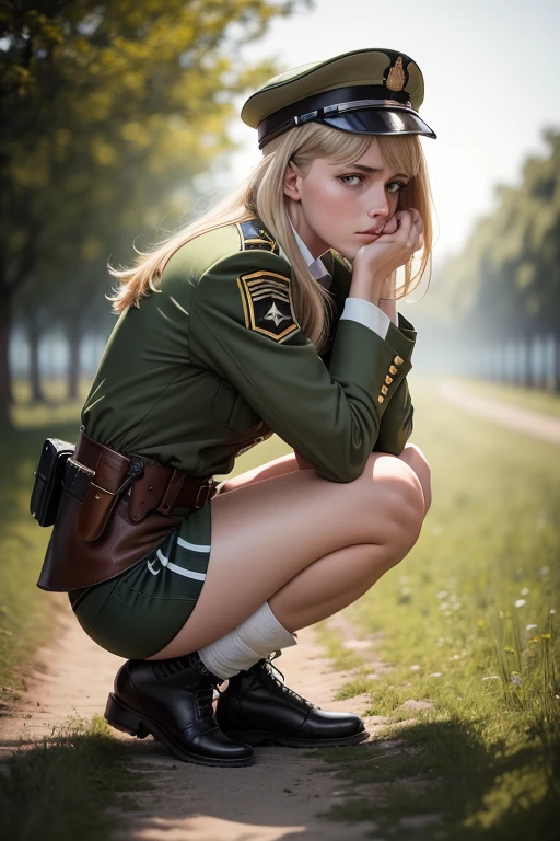 Beautiful German girl in short shorts crouching watching something in the distance, German girl, colete militar.