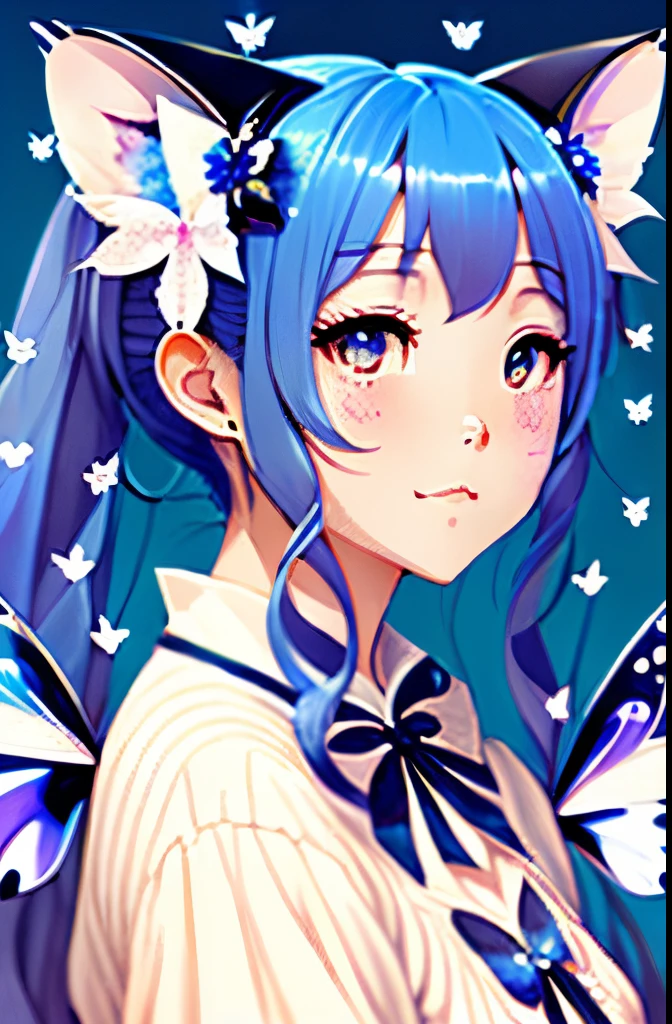 fullmoon、a cluster of butterflies、blue-haired cat-eared woman、Anime style