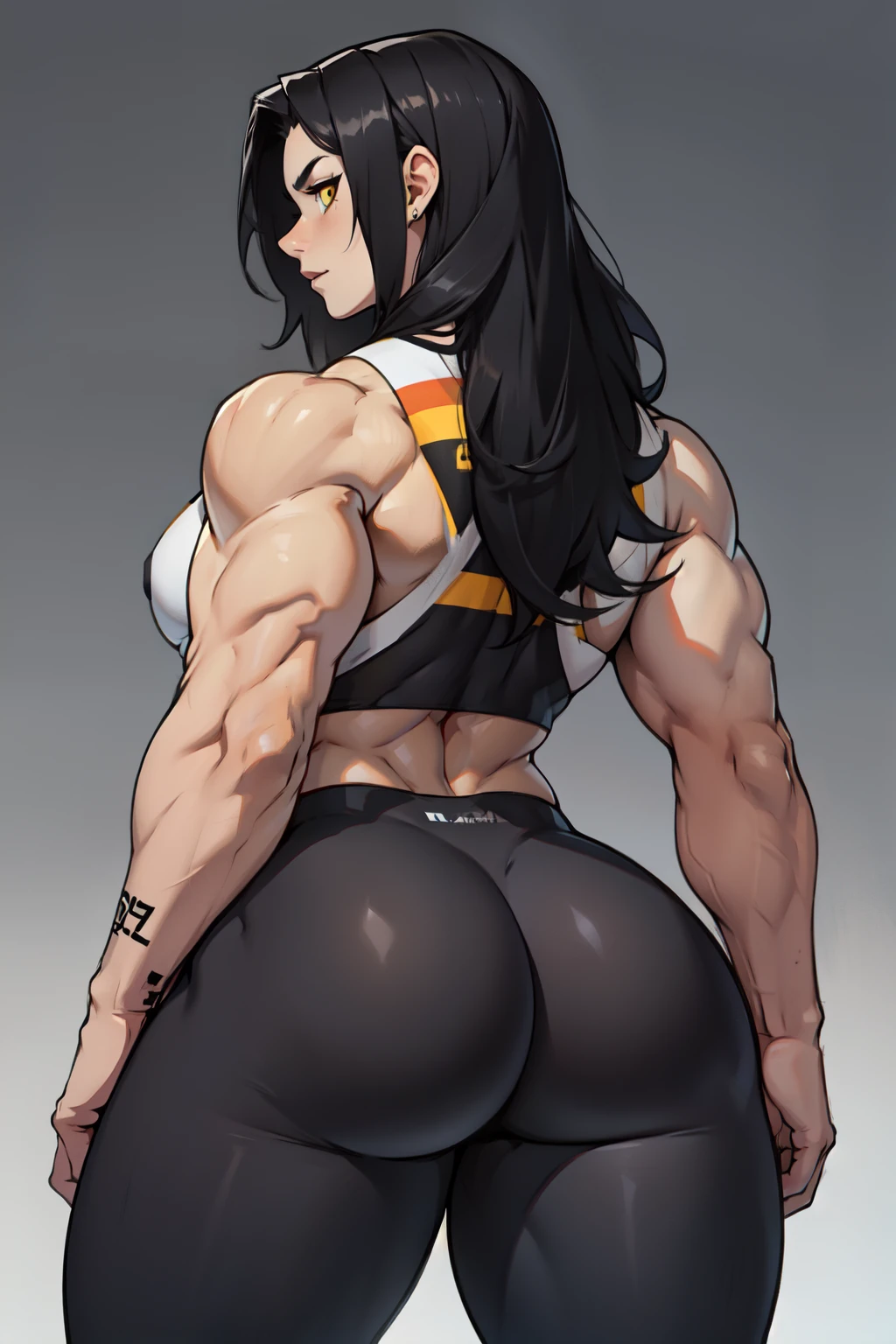 huge ass 1girl pale skin muscular toned body black hair yellow eyes long hair (from behind) huge muscles leggings muscles simple background from below