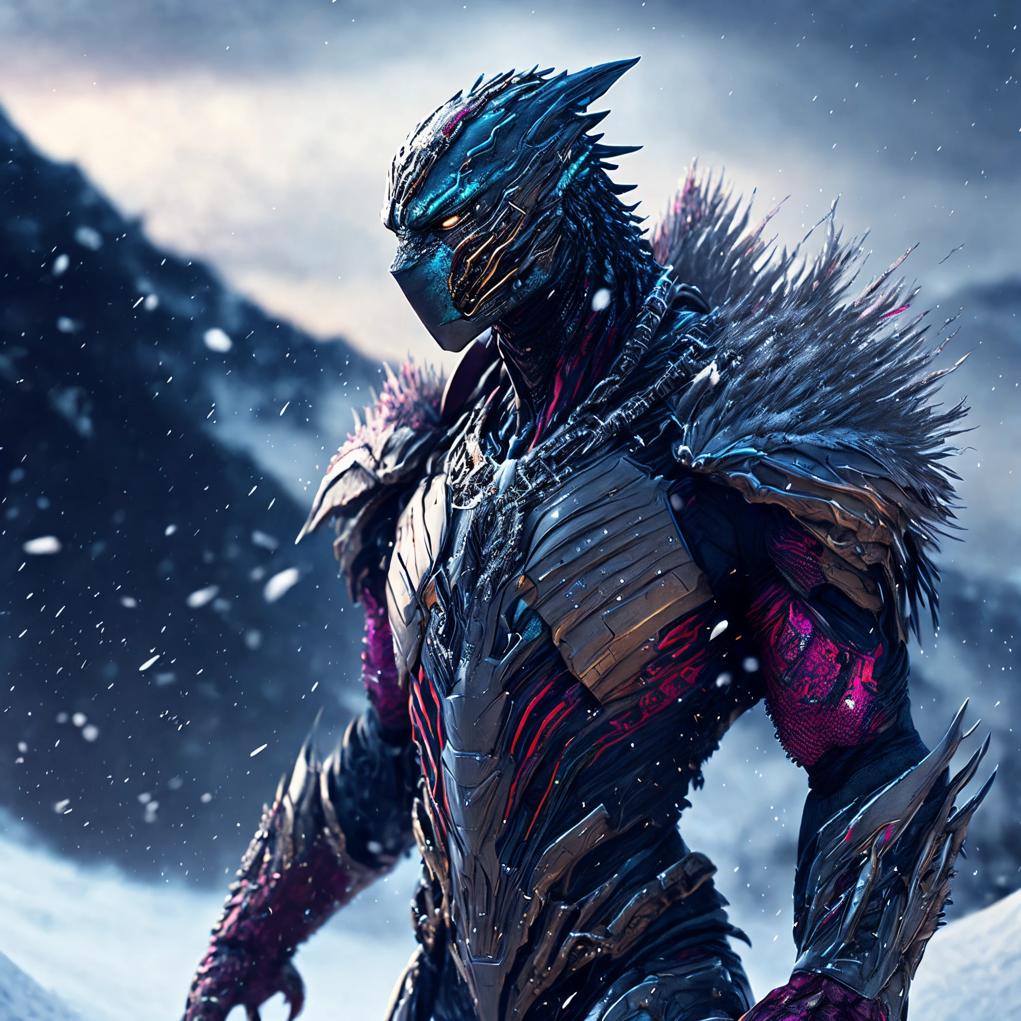 Close-up ( multicolourd human figure predator from Marvel in Goth style: 1.3) emerging from the snow hills , well detailed, sparks, metal shavings, flying debris, volumetric light