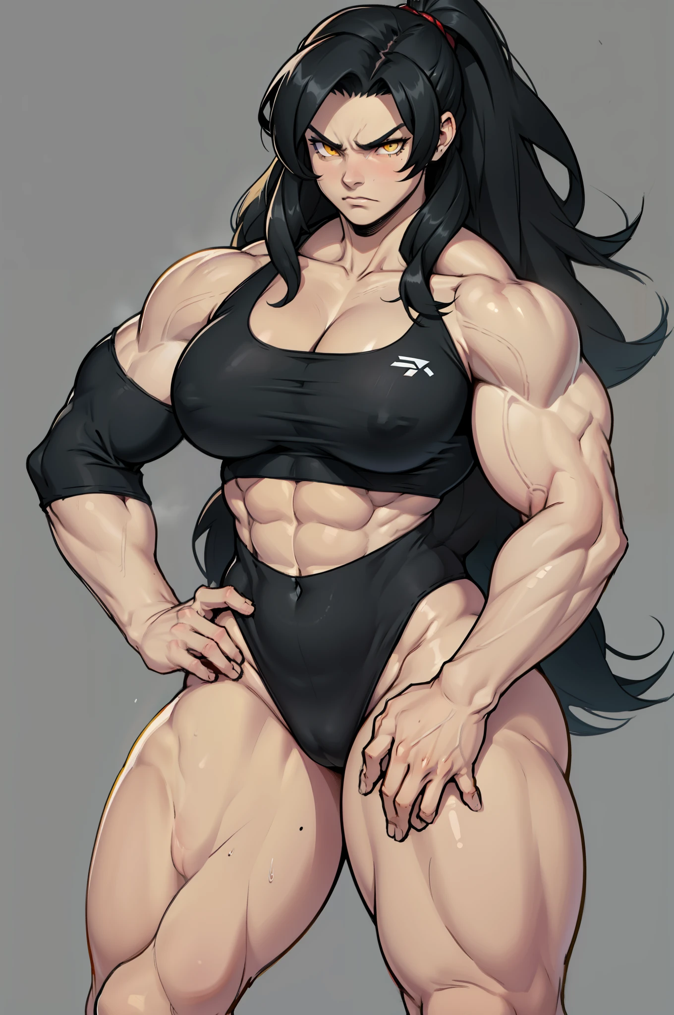 ((grey background)), solo, ((((1 girl)))), very long hair, black hair, angry, yellow eyes, (((((muscular))))), (huge tits), (thick thighs), (wide hips), pale skin, standing, slick hair