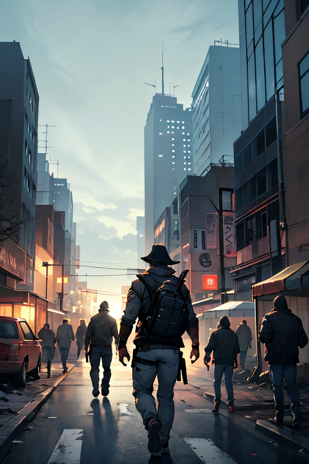 ((best quality)), ((masterpiece)), (detailed), man walking the streets of Chicago in the zombie apocalypse. A small horde of zombies chases him from behind