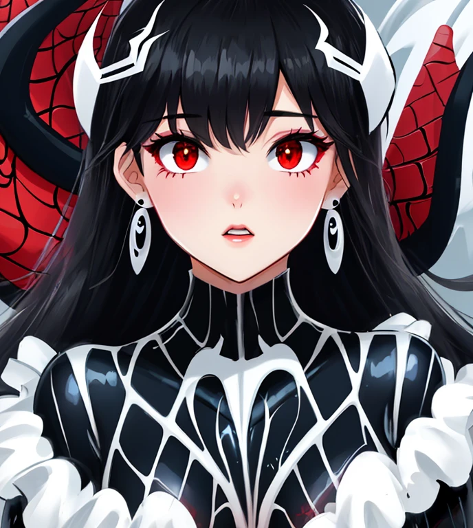 Cartoon Beautiful girl in venom Spider-Man suit with black hair red eyes and earrings