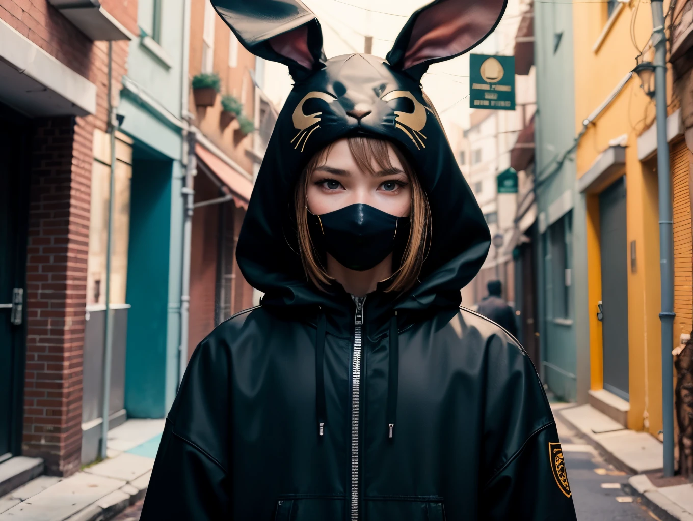 A person with a killer rabbit mask, black clothing, with blue and black colors, in an alley