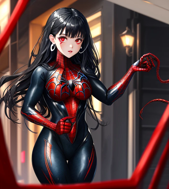 standing alone, female, long straight black hair, bangs straight, Hime cut, light purple eyes, 苗条, fine tune, very high, pale white skin, stylish clothes, medium breasts, long quaril.  futurist, increases:0.1 Spiderwoman, All black body-hugging uniform with white webs drawn on top. along with a light, transparent poncho that goes down to the navel with black spider designs. There will be a pendant hanging from the waist with a red thread holding a piece of green jade in the shape of a dragon with a loose red thread 