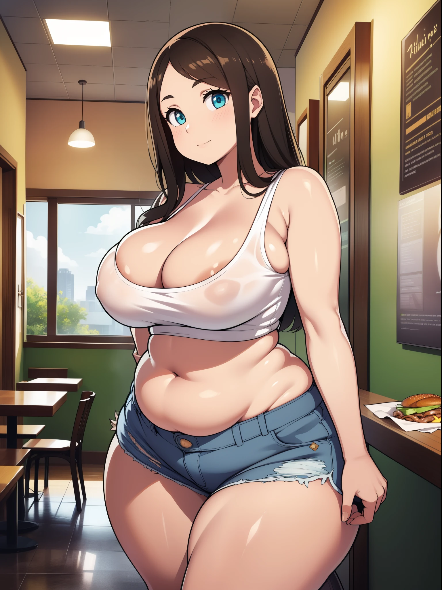 ((highres)), Masterpiece, high quality, best quality, beautiful, perfect lighting, detailed face, ultra cute face, ((2girls)), one girl has blonde hair, blue eyes, crop top and shorts skindentation, one girl has brown hair, green eyes, jeans, white shirt, tight clothes, full body, fast food restaurant, medium breasts, perky breasts, cleavage, ((wide hips)), ((thick thighs)), ass, ((chubby)), pudgy belly, fat folds, standing,