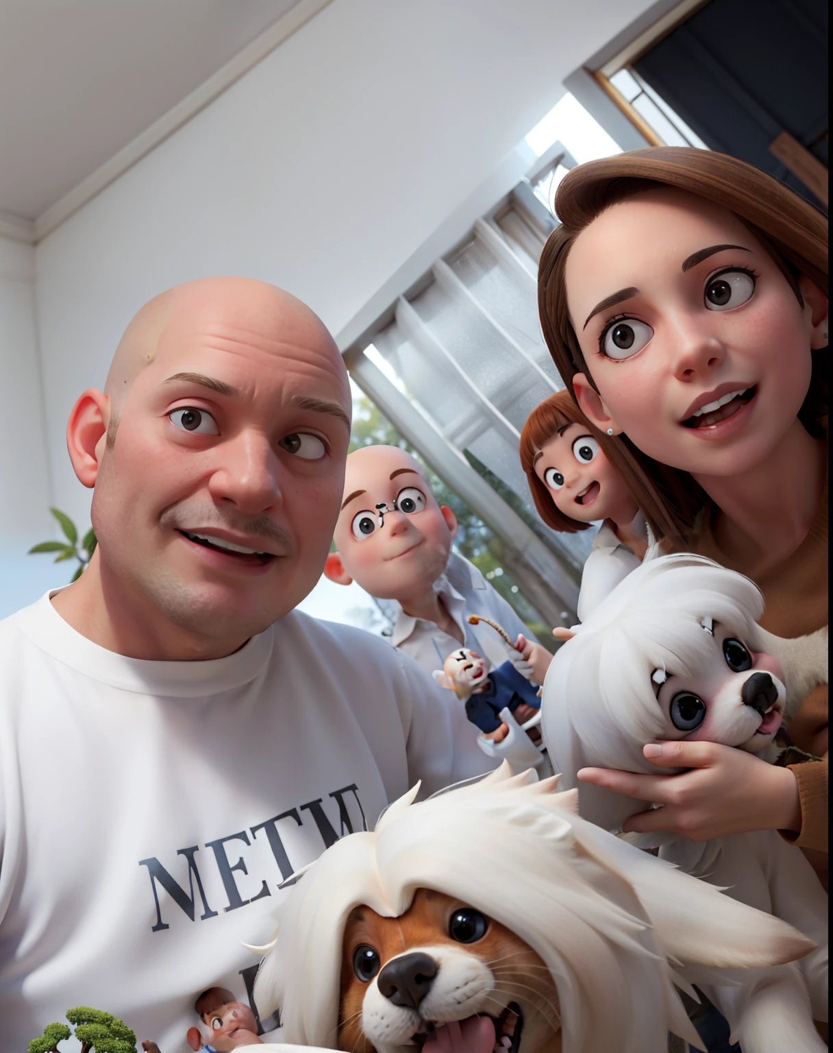 Family containing a bald white man, 2 pets , uma mulher com cabelo loiro e olhos castanhos, in a place with trees it's sunshine