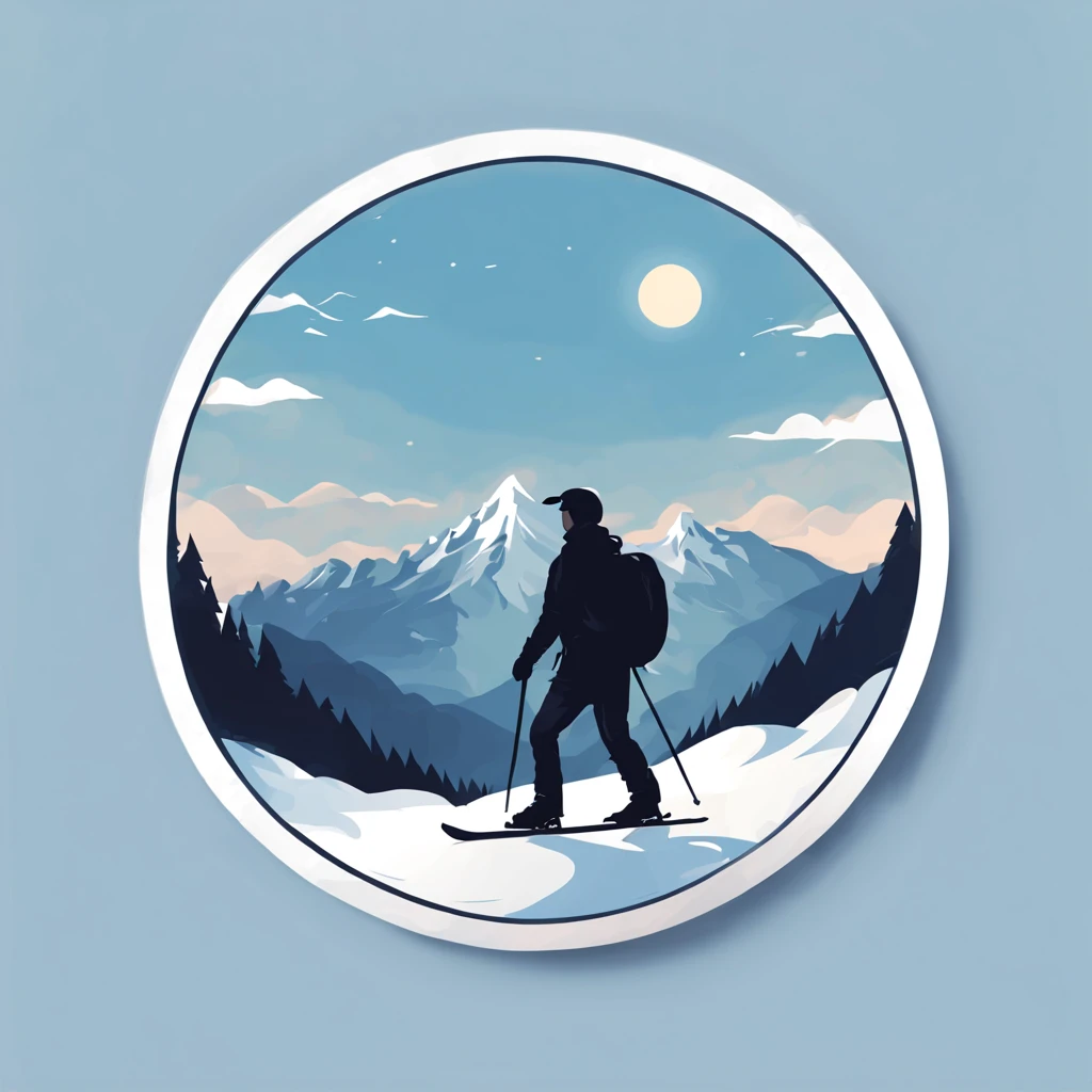 (Sticker),White background,(in circle), winter mountain with  winter sport, ,Simple, Ultra detailed, Detailed drawing, vectorised, Silhouette, 8K, professional sticker design, Flat design, Vector lines, Sticker, Full-HD, pastel monochrome