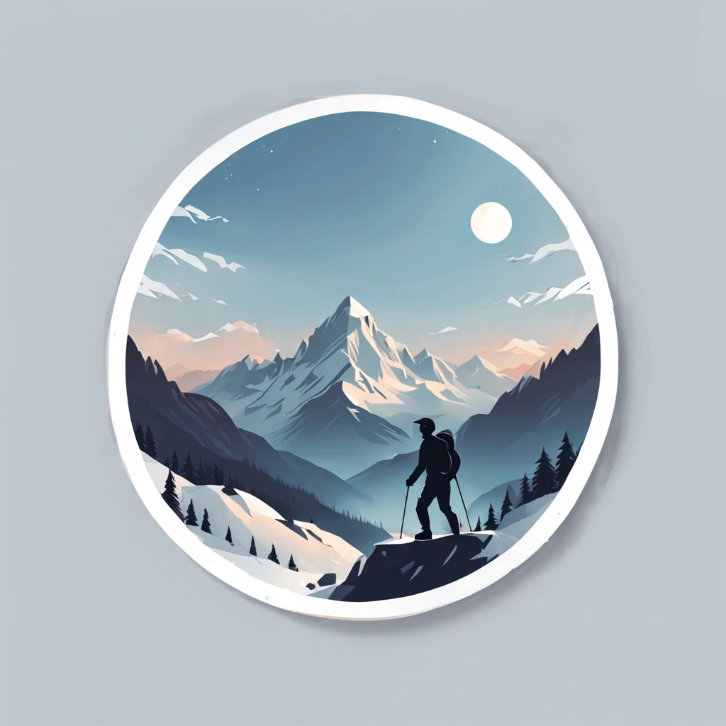 (Sticker),White background,(in circle), winter mountain with winter sport, ,Simple, Ultra detailed, Detailed drawing, vectorised, Silhouette, 8K, professional sticker design, Flat design, Vector lines, Sticker, Full-HD, pastel monochrome