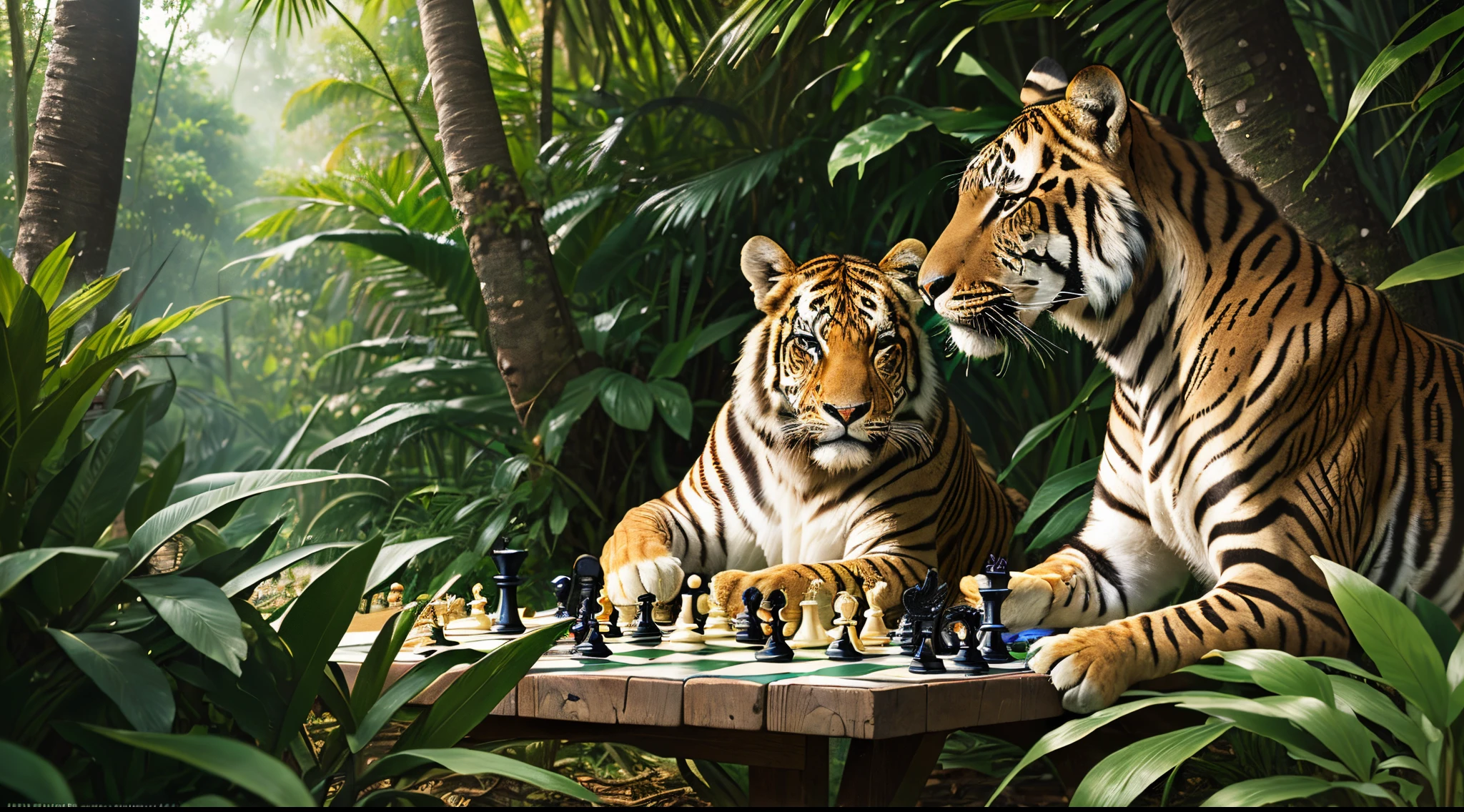 ((best quality)), ((masterpiece)), (detailed), ((photography)), (realistic), two wild animals playing chess in a jungle, (high-resolution:1.2)