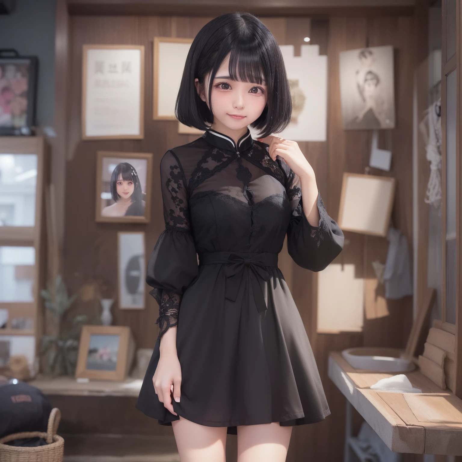 With the best image quality、Teenage girl standing in room。(((Black Hair Bob Hair)))、cute smile face.。thin black short-sleeved dress、Skin shows through、(Photorealsitic)、(intricate detailes:1.2)、(​masterpiece、:1.3)、(top-quality:1.4)、(超A high resolution:1.2)、超A high resolution、(A detailed eye)、(detailed facial features)、nffsw、8K分辨率、soft curly hair、Nakibokuro、Little devil smile、