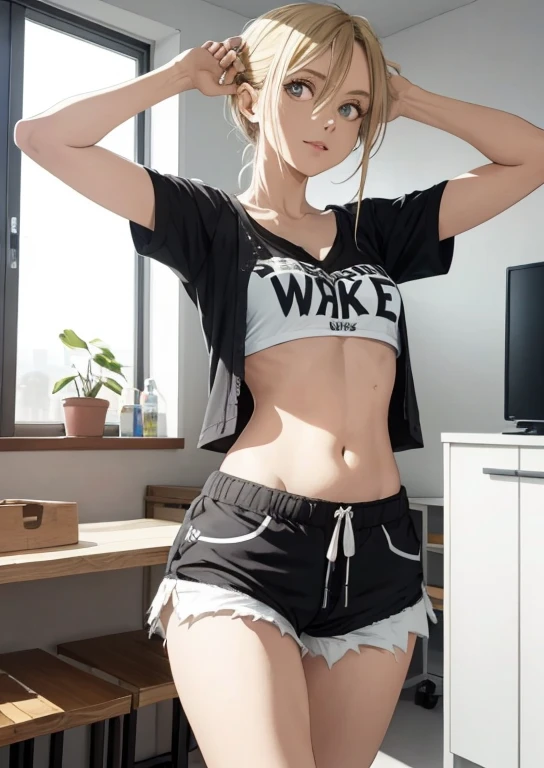 German girl in half shirt and shorts, corpo perfeito, garota linda loira, escrito "I Love Wake" em dia camisa