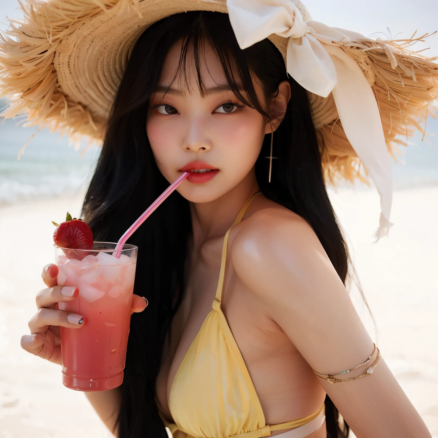 araffe woman with straw hat drinking a drink on the beach, Ulzzang, Art not Guweiz style, with straw hat, Lalisa Manobal, Guweiz, palha, com um canudo, Jinyoung Canela, wearing two - piece swimsuit, Hong June Hyung, Jaeyeon Nam, is wearing a swimsuit