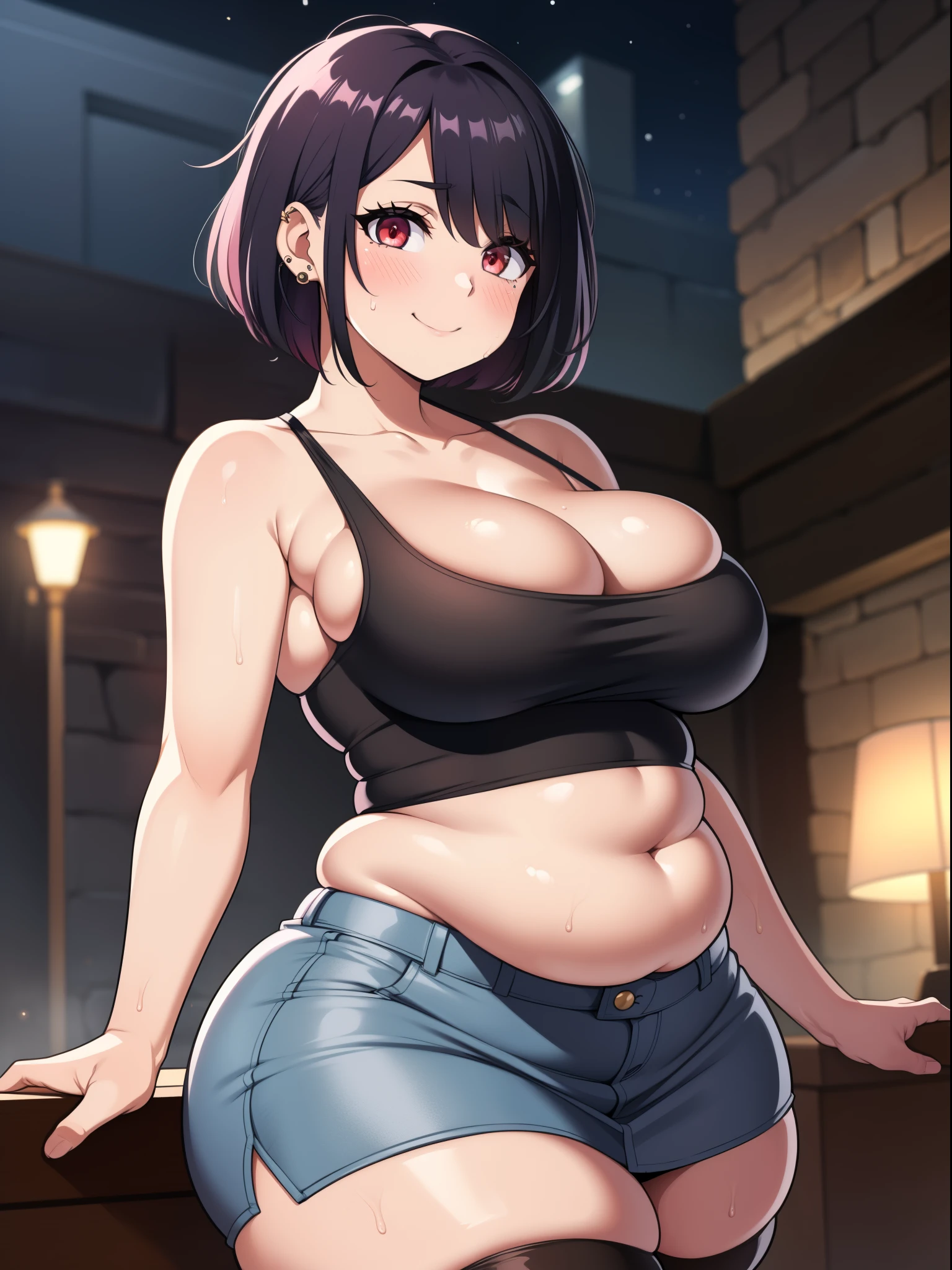 ((highres)), Masterpiece, high quality, best quality, beautiful, perfect lighting, detailed face, ultra cute face, cowboy shot, looking at viewer, ((1girl)), ((solo)) black hair, red eyes, short fluffy hair, hair covering one eyes, hair on brushed to one side, seductive smile, flirting, sweating, ((blush)), piercings, mascara, black tank top, cleavage, (mini skirt), thigh highs, ((thick thighs)), (wide hips), medium breasts, (pudgy belly), fat folds, night club,