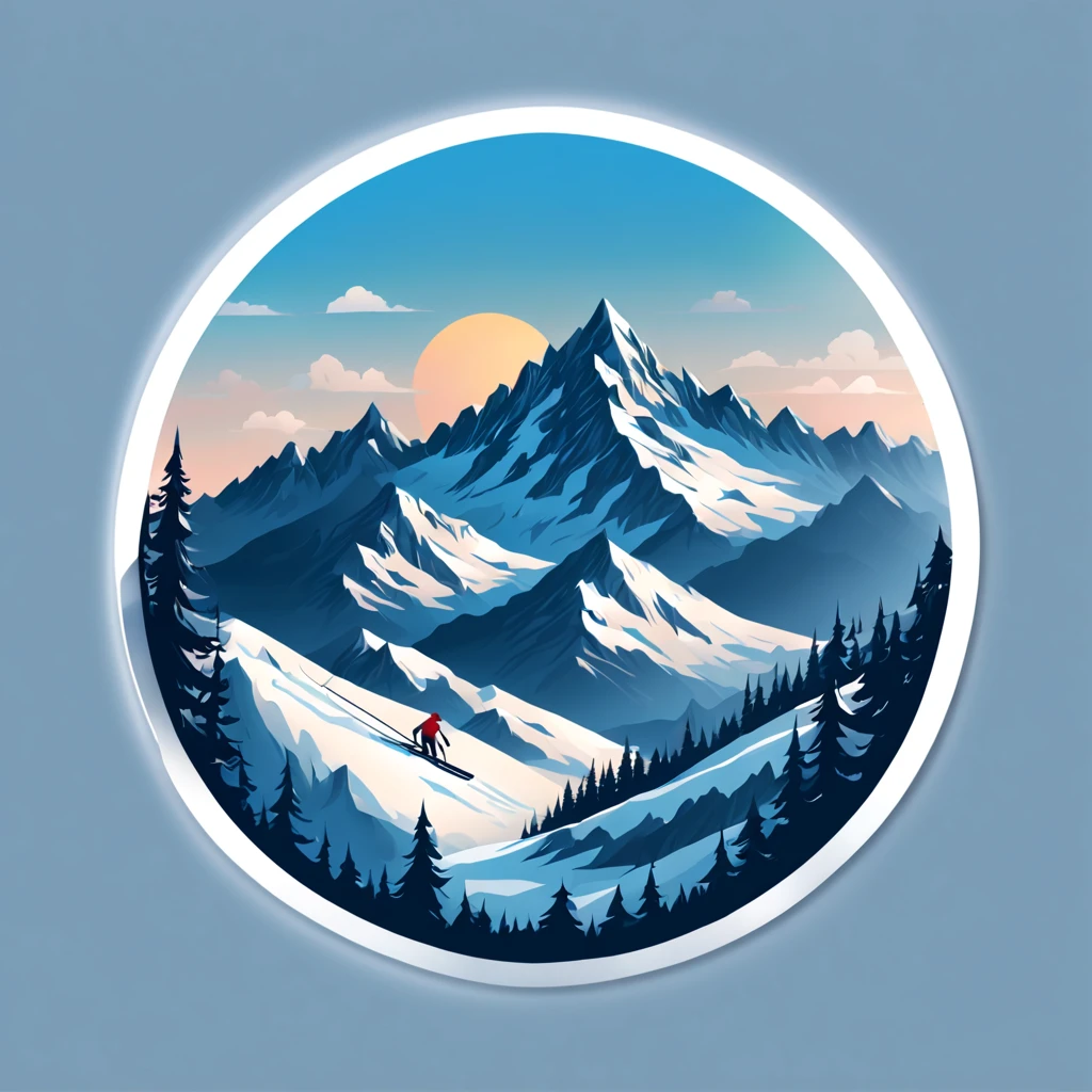 (Sticker),White background,(in circle), winter mountain with winter sport, ,Simple, Ultra detailed, Detailed drawing, vectorised, Silhouette, 8K, professional sticker design, Flat design, Vector lines, Sticker, Full-HD, pastel monochrome