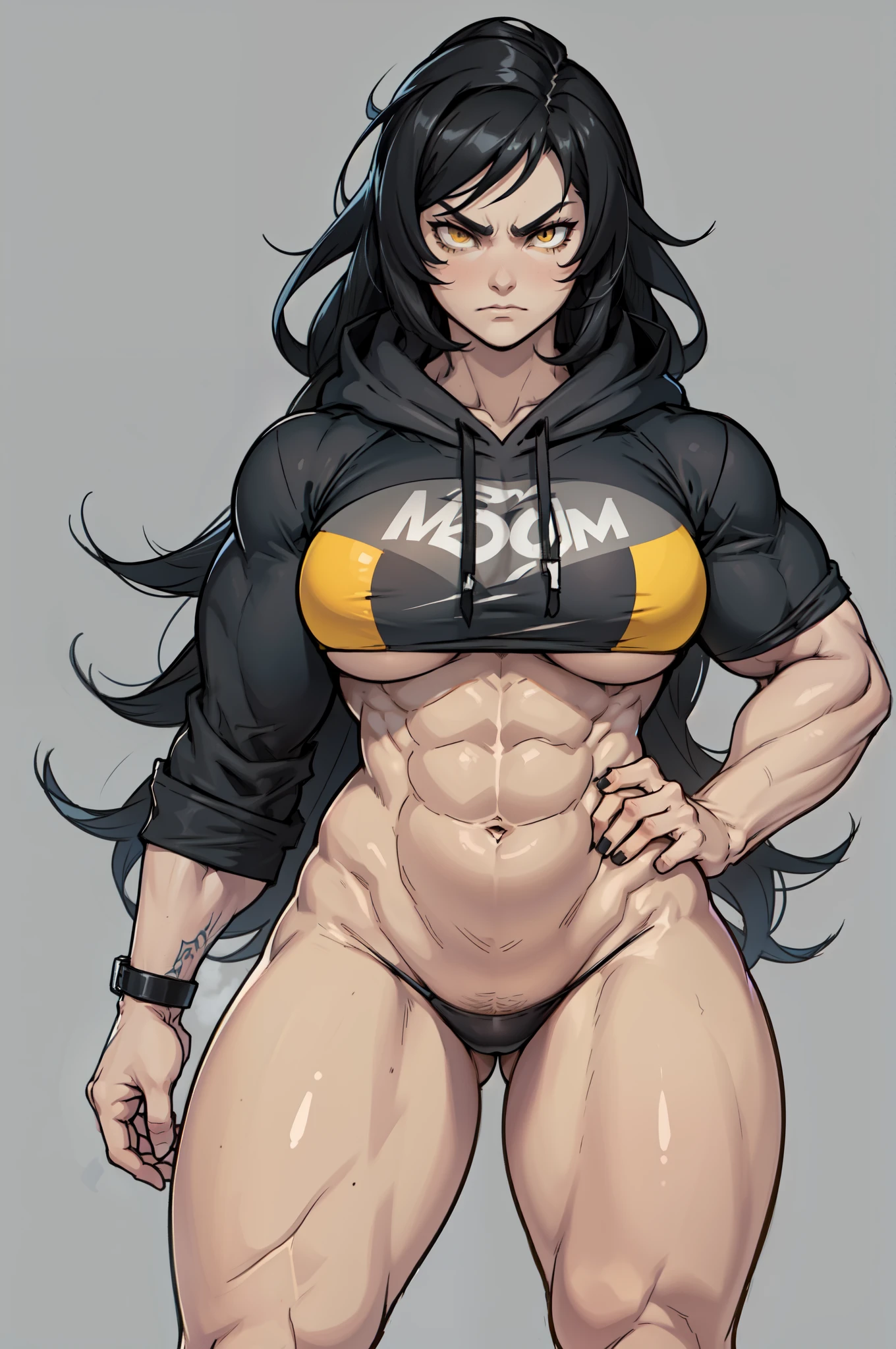 ((grey background)), solo, ((((1 girl)))), very long hair, black hair, angry, yellow eyes, (((((muscular))))), (huge tits), (thick thighs), (wide hips), pale skin, standing, slick hair, hoodie thong