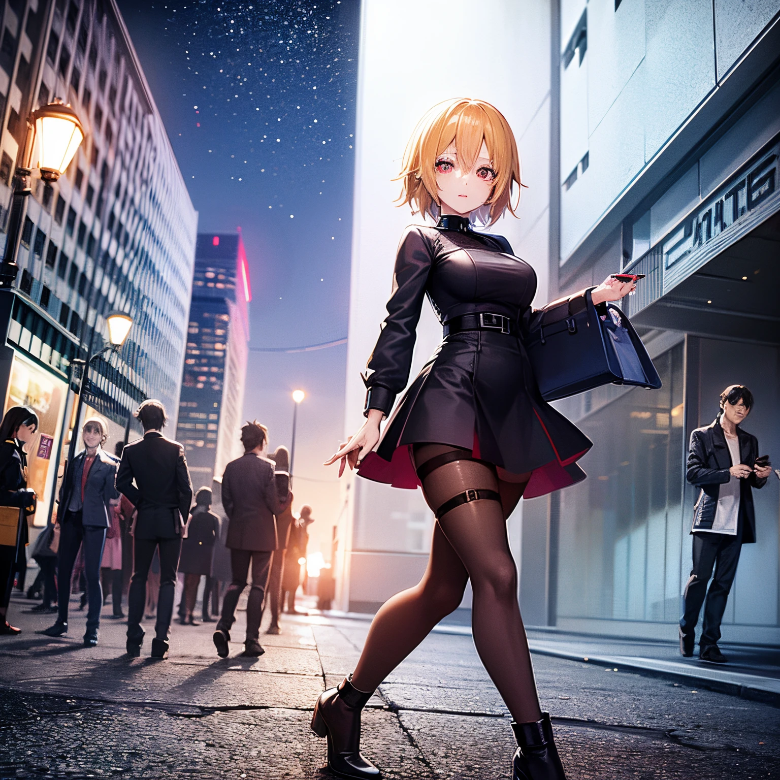 Anime style, streets in the night, metropolis, zombie adult woman walking in street