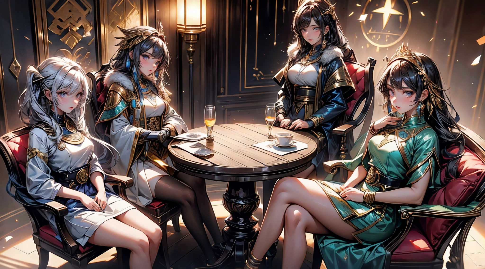 four girls sitting around a round table, hands together, council meeting, eyes at viewer, (1girl sitting on the left side, egyptian heritage), (1girl sitting on the center left, french heritage) (1girl sitting center right, chinese heritage cheongsam) (1girl sitting far right, fur coat aristocratic) ROUND wooden table, council meeting, looking at viewer, as seen from above, pov, shiny eyes, intense gaze,