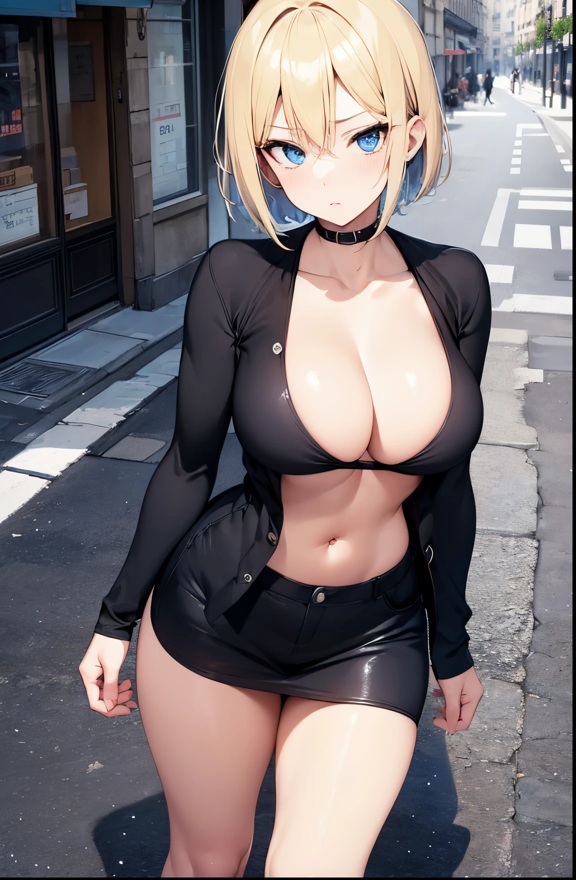 high-level image quality,2D Anime Style、Beautiful blue eyes、The eyes are carefully drawn,breasts are slightly larger、A cool adult woman with short blonde hair and a serious expression....、Fashion that shows off your stomach, The color of the clothes is black,Walking the streets of Paris,