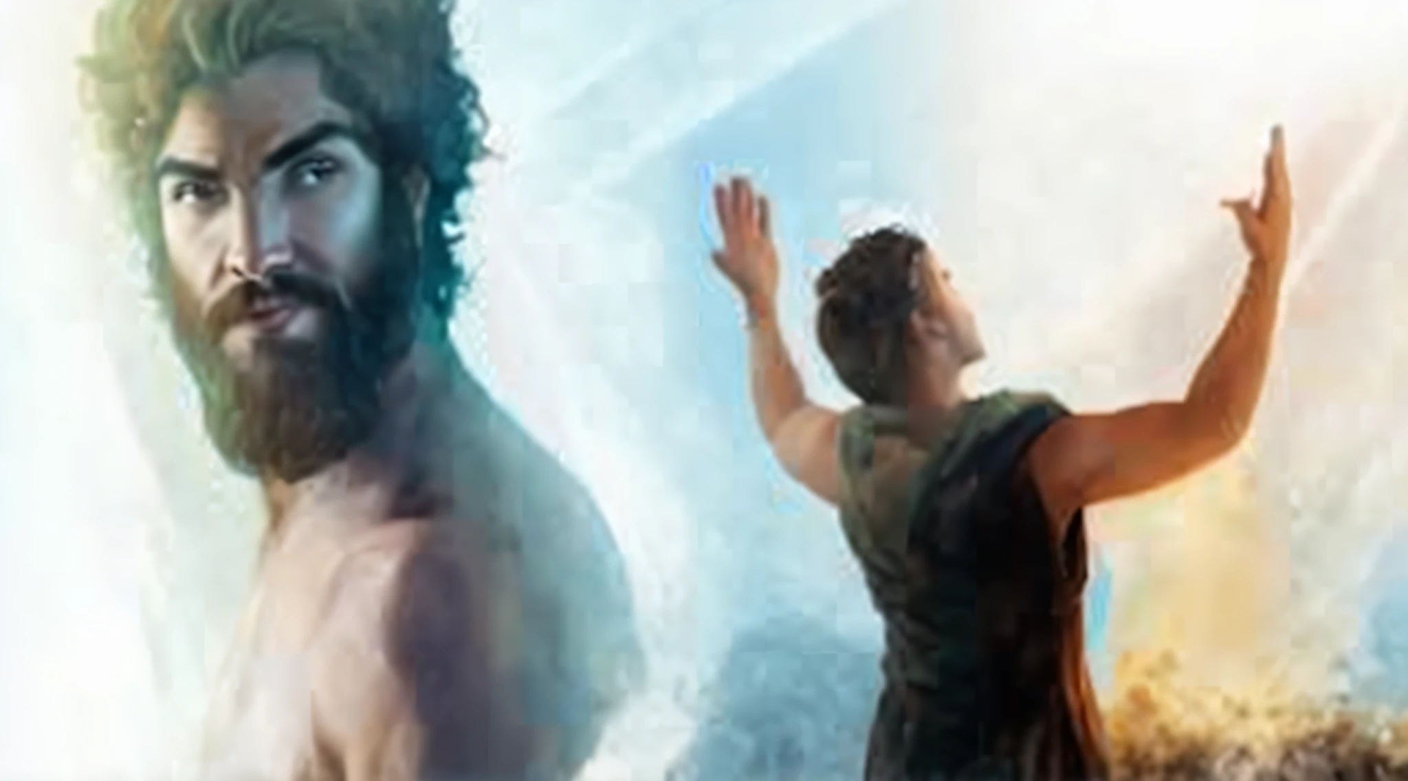 pintura de um homem com barba e rosto sem barba em frente a um homem com uma cabra, Rob Rey, kaladin stormblessed, angelarium, imagem do avatar, pointing to heaven, Godess, inspirado em Gregory Manchess, Adoradores, Directed by: Jane Freeman, Greg Manxadinho, epic biblical representation, Mito grego pintura digital, she is approaching heaven