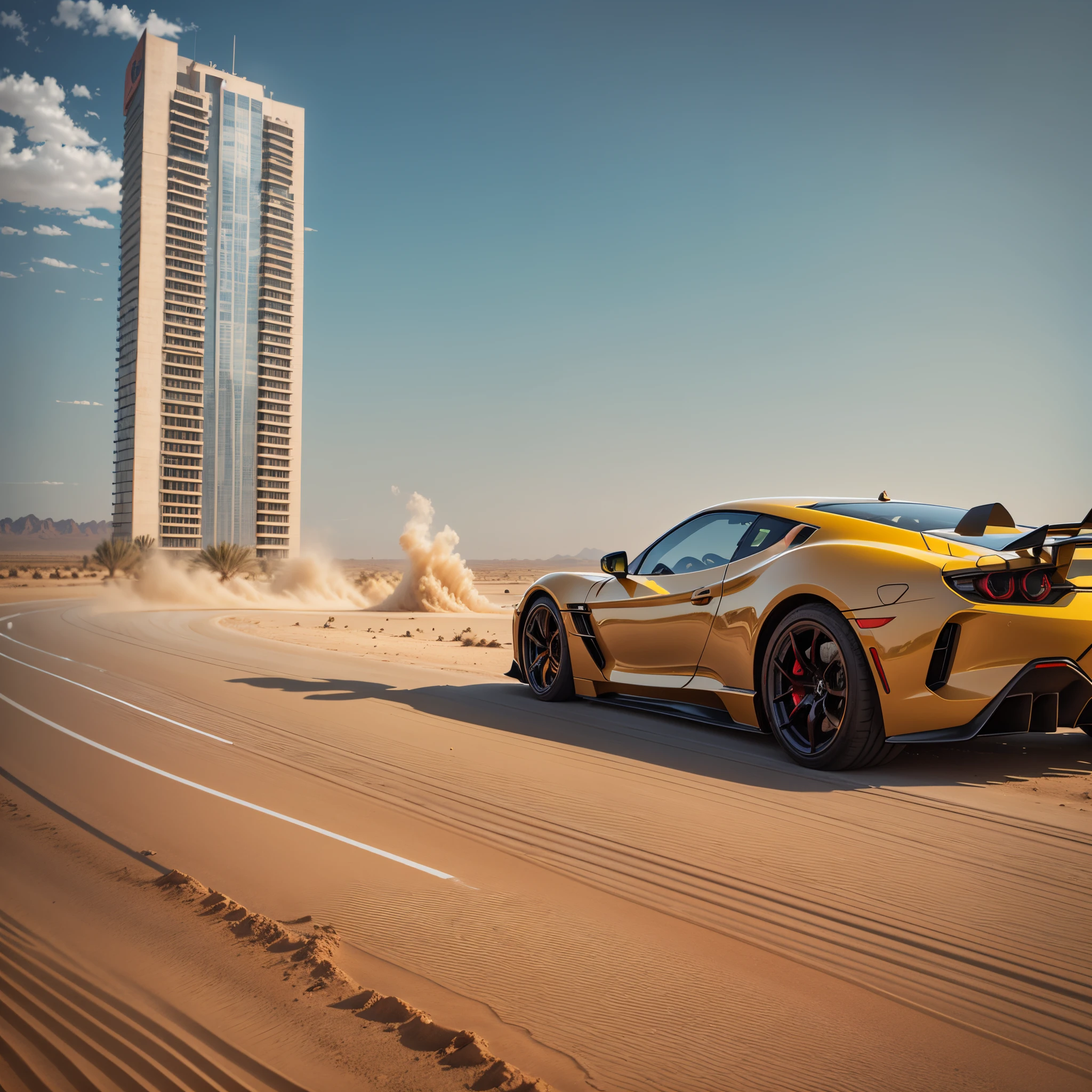 There is a tall building in the desert and a nice sports car is running in front of it. Sand dust is flying. --auto --s2
