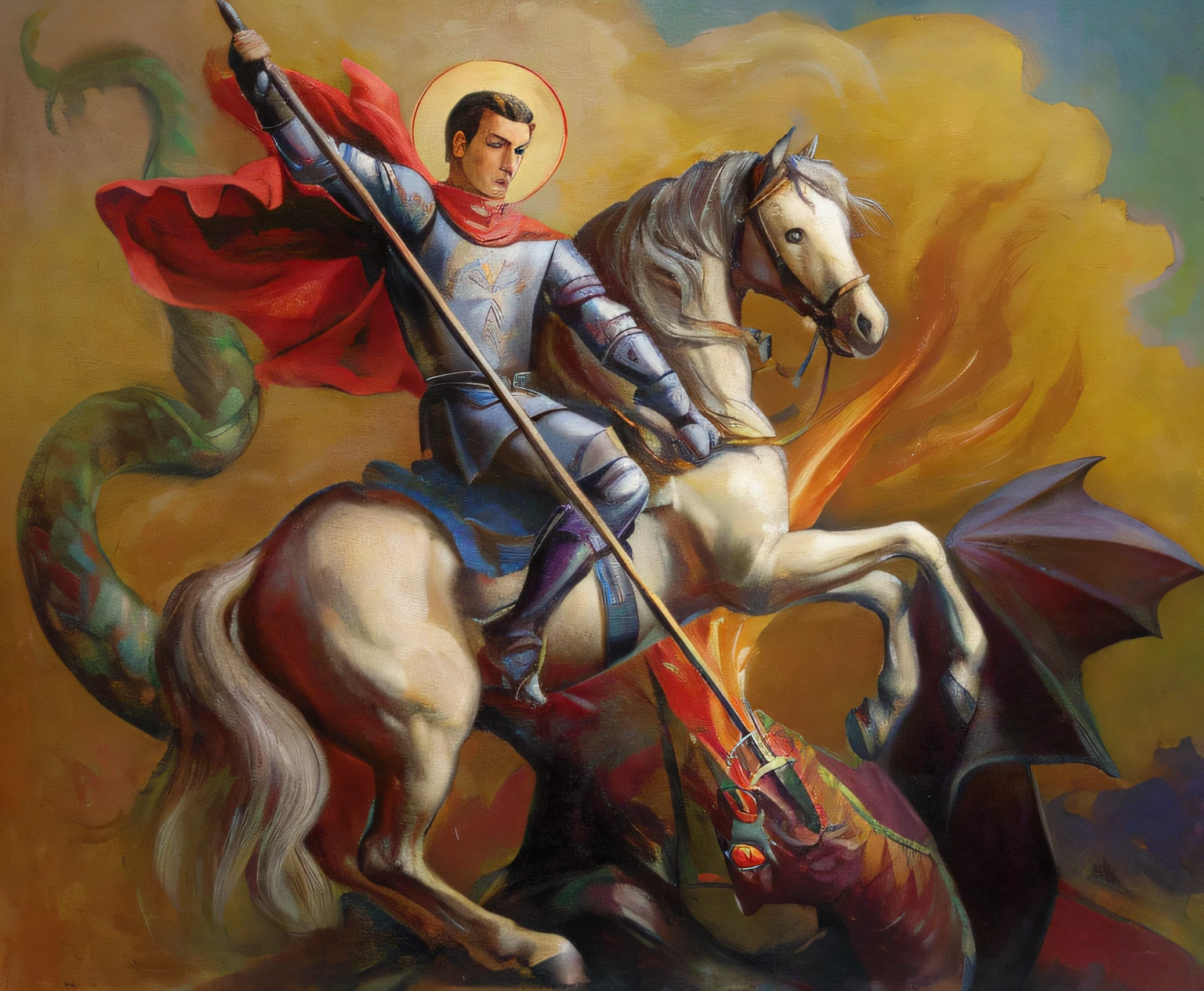 painting of a man riding a horse with a sword and a dragon, cavalo Michael, vladimir putin rides a unicorn, Directed by: Jan Stanislavski, Daniel, Joana d'Arc, Directed by: Vladimir Novak, Jesus riding a dragon, Santo Cruzado Medieval, christian saint, Directed by: Líviusz Gyulai, Maxim Sukharev, Directed by: Nicolau Marsicano