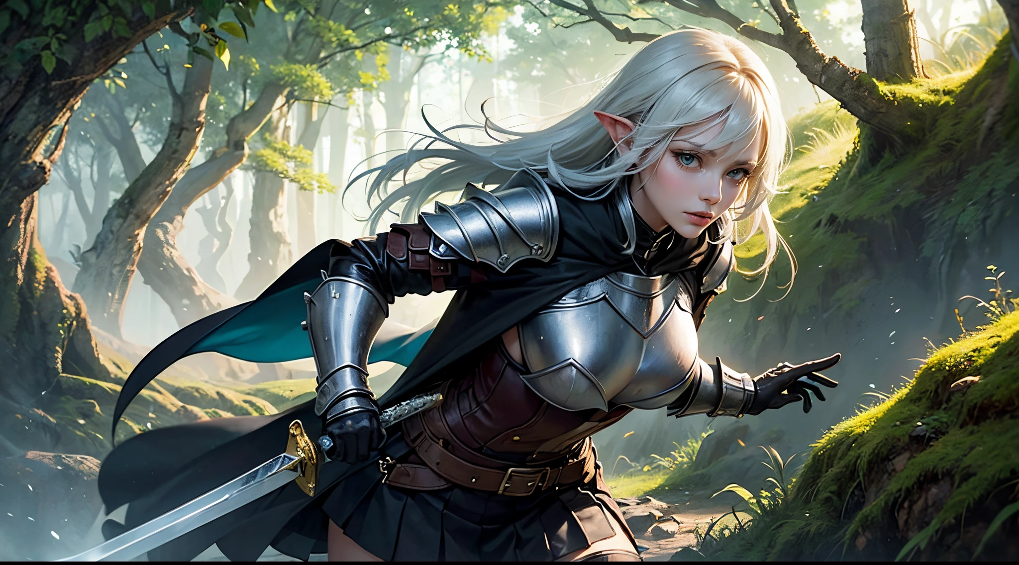 A battle scene where a goblin and a female knight engage in a tense battle...., A cave full of glowing moss, Bright moss, A mysterious and majestic space, On the banks of a spring full of crystal clear water, Otherworldly scenery, In the deep forest, 8K Wallpaper, ((masutepiece)), (((Best Quality))), ((Ultra-detailed)), ((Illustration)), Beautiful woman, (1girl in:1.2), ((Solo)), Seductive smile, ( deadpan), Dynamic Angle, Beautiful detailed eyes, hairs between eyes, White hair, ((dishevled hair)), Pleated skirt, ((dishevled hair)), 20 years old, Fine skin, real looking skin, (( black leather armor)), (( Wear a cloak)), ((( Girl with a big sword, claymore))), (( prepare a sword)), (black kneehighs:1.1), Beautiful and narrow eyes, 详细的脸,