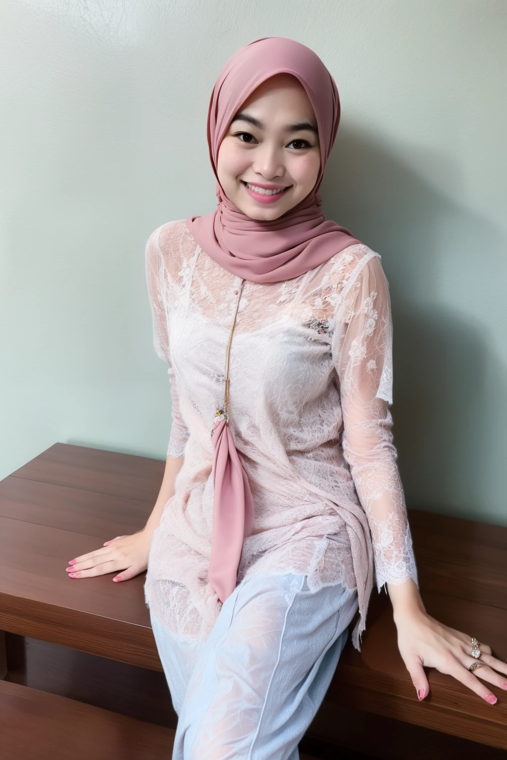 matured malay woman in hijab wearing sexy satin lace white color pajamas portrait photography, mid shot photo, ultra detail, professional photograph with professional lighting, smile, light blue studio background, sexy seducing pose, slim and slanders, small breast