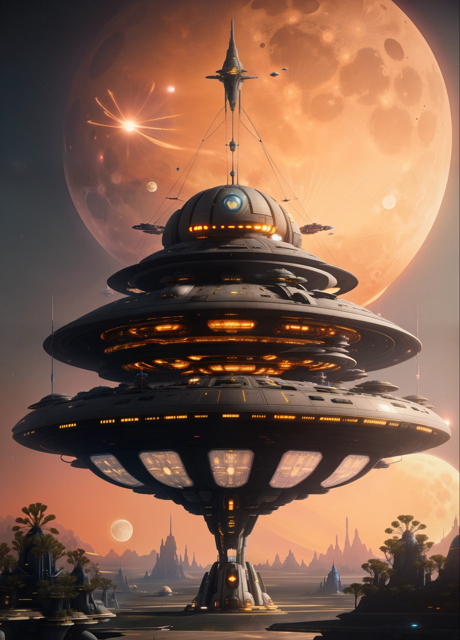 spaceship flying over a large building with a moon in the background, futuristic palace, utopian space ship, futuristic space port, painting of ornate space ship, solarpunk futuristic utopia, futuristic outpost building, retrofuturistic science fantasy, surreal sci fi architecture, futuristic space station, sci-fi fantasy wallpaper, in the art style of filip hodas, futuristic utopian fantasy