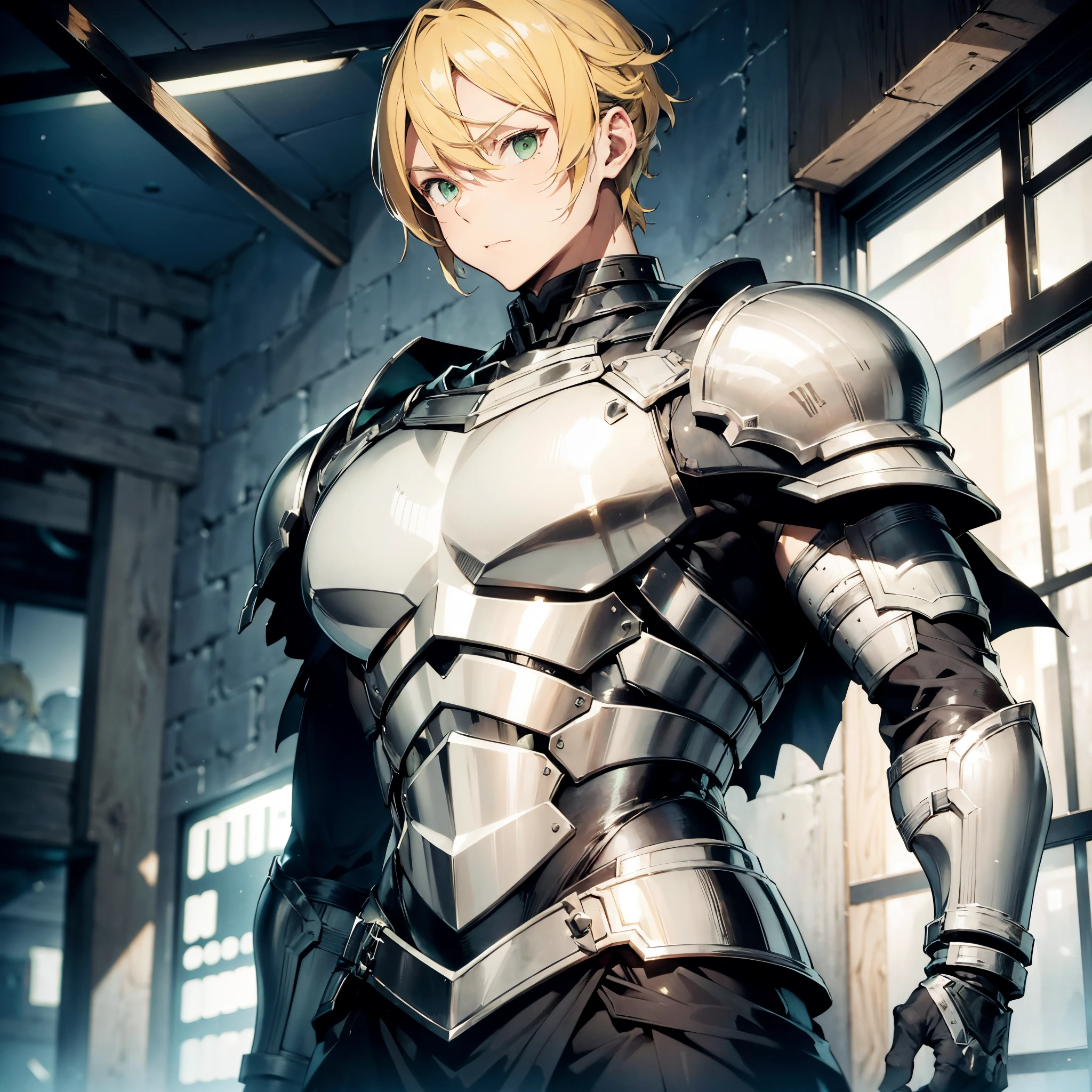 A tall and serious man with blonde hair and green eyes. He is muscular and wears black and white armor. The armor is sturdy, however damaged. He has a scar on the right side of his face.