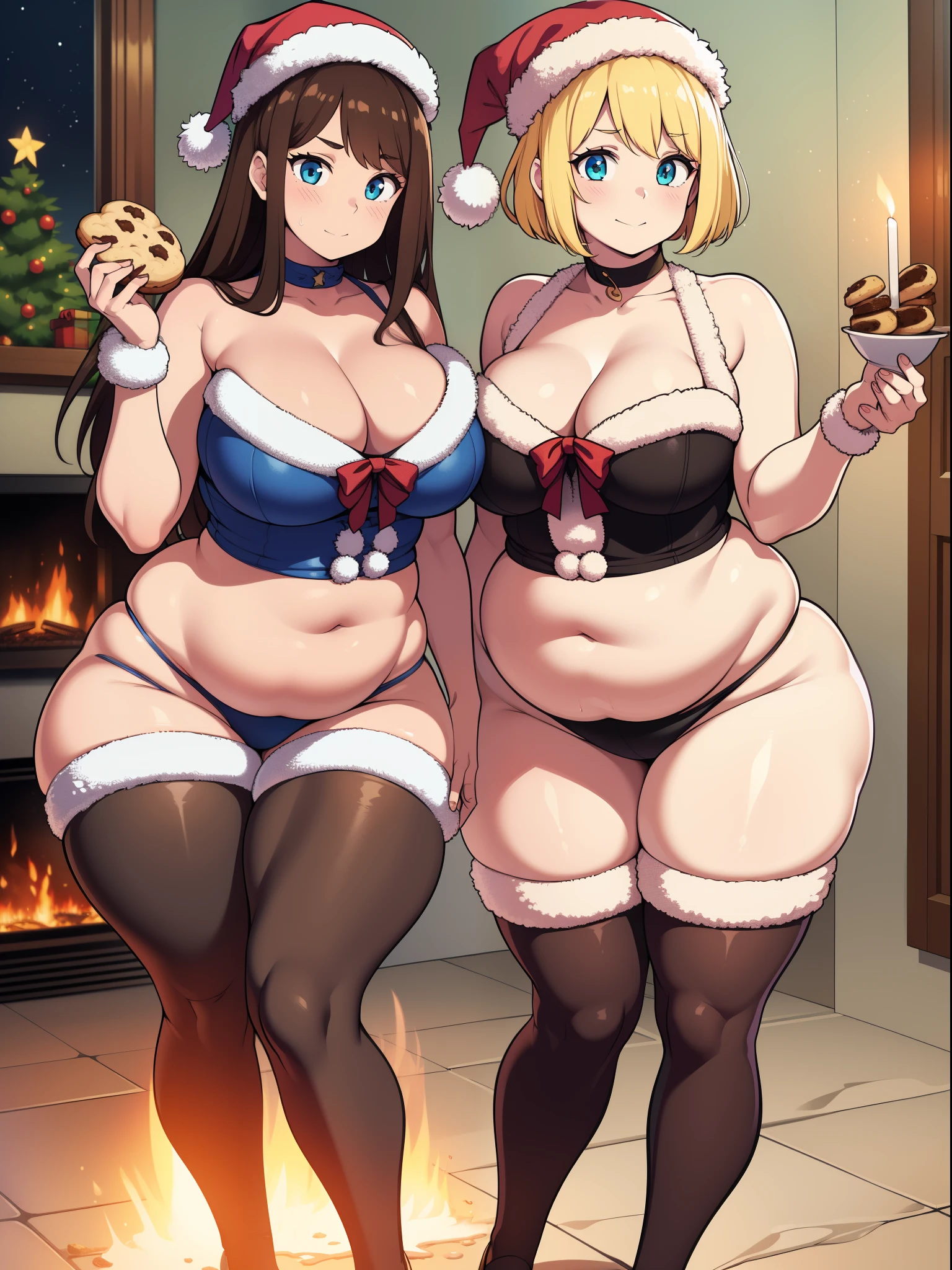 ((highres)), Masterpiece, high quality, best quality, beautiful, perfect lighting, detailed face, ultra cute face, ((2girls)), one girl has blonde hair, blue eyes, one girl has brown hair, green eyes, Santa hat, Santa dress, tight clothes, full body, living room, fire place, detailed background, medium breasts, perky breasts, cleavage, ((wide hips)), ((thick thighs)), ass, ((chubby)), pudgy belly, fat folds, standing next to each other, holding cookies,