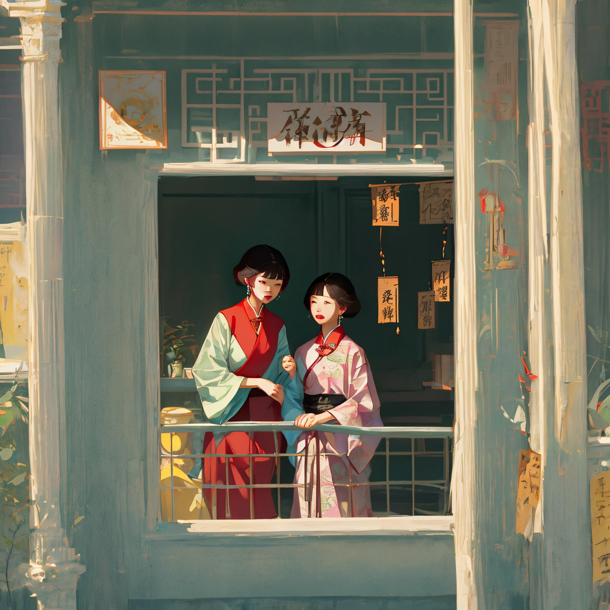 Two sisters, one white Chinese woman with round glasses, wavy and short hair. Outra parda com cabelos longos e escuros