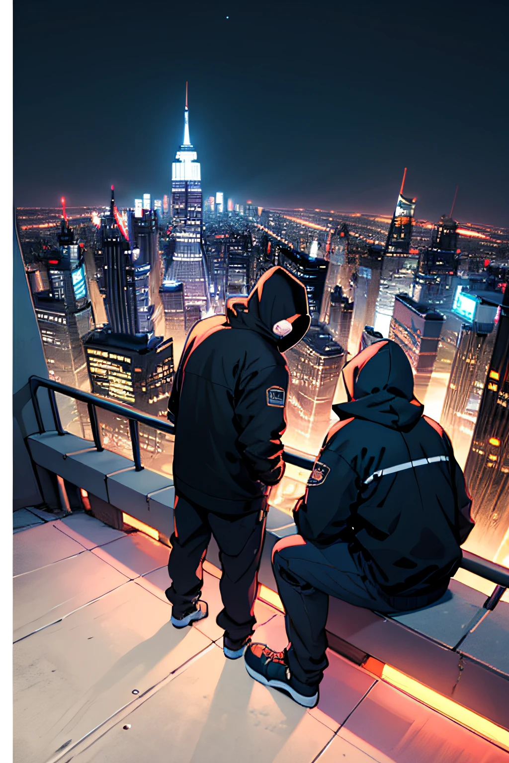((best quality)), ((masterpiece)), (detailed), 2 hooded masked thugs sitting on a planet looking at the New York skyline at night, back facing standing up