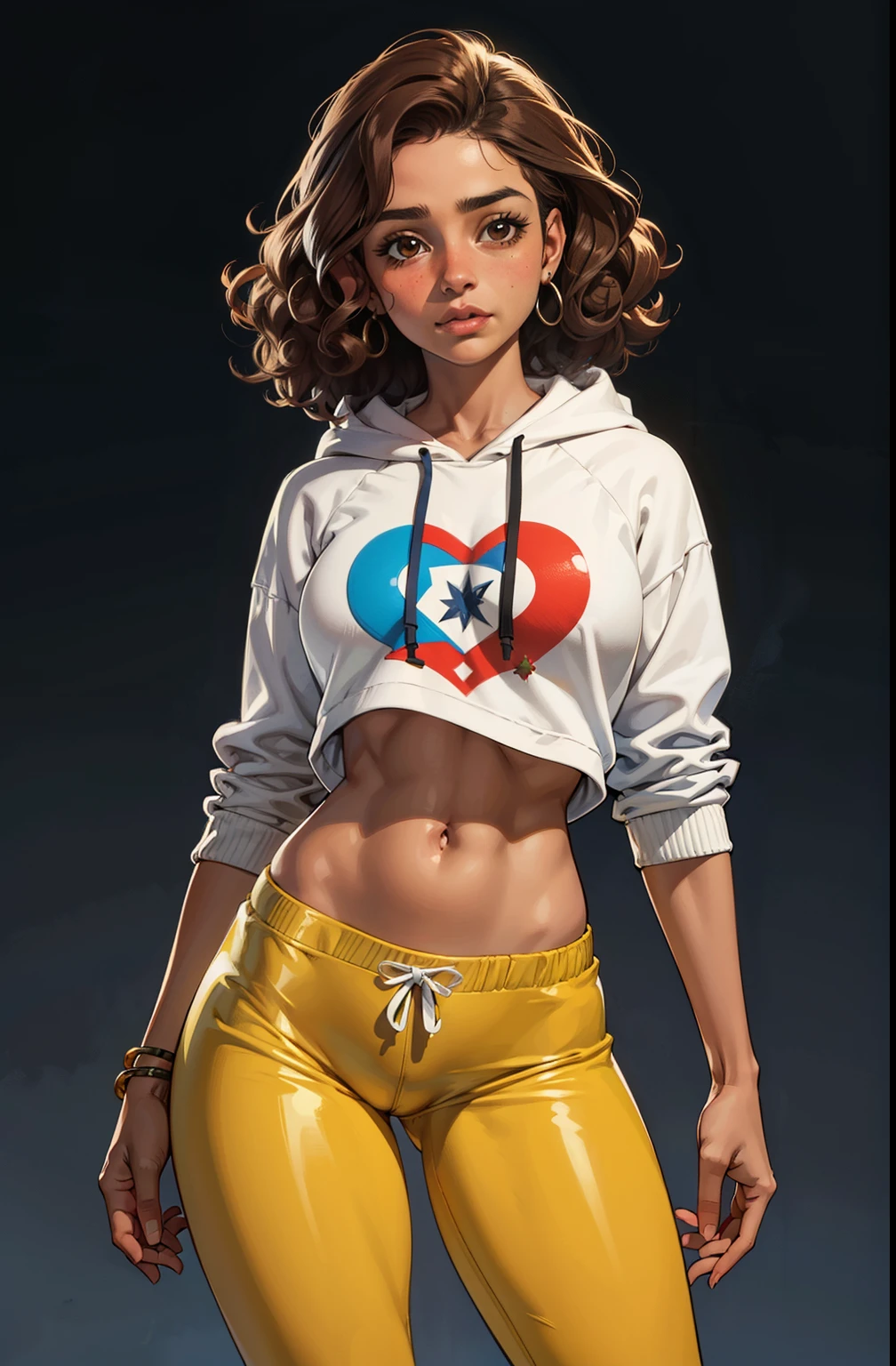 uma , body shot, latina face, brown skin, long natural curly brown hair, glamour, Stand up, maquiagem, Lips are soft or colored, fundo simples, silhuetas fluidas, Stand Up, provocador, surprised facial expression, bashful, simple lighting and texture, fundo branco, large clothes, pants, hoodie, Designs diferentes, crips drawing