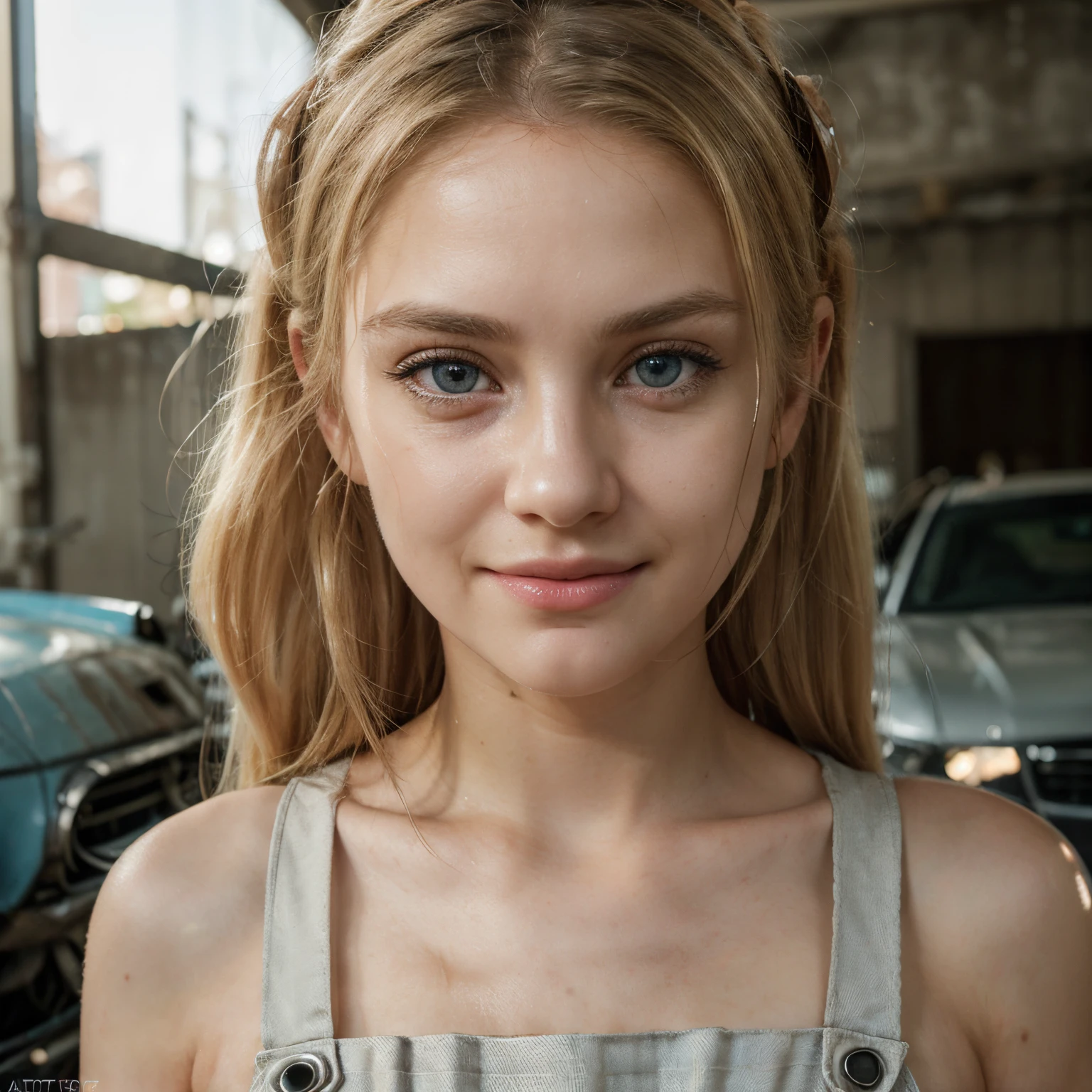 (realistic, photo-realistic:1.4),(8k, RAW photo, best quality, masterpiece:1.2), cute, ultra-detailed,heart-shaped pupils, physically-based rendering, ultra high res, kodakvision color, shot on Arricam LT Camera, bokeh, sharp focus, looking at viewer, photorealistic,realistic, solo, photorealistic, best quality,extremely detailed face,extremely detailed eyes and face, (blond girl,) clear eyes, beautiful detailed eyes,absurdres, incredibly absurdres,(haunting smile),Messy hair, floating hair, round clear big eyes, clear big eyes, moist red lips, sweet, girl, (mechanic overalls), side boobs, (repairing car with raised hood), in a mechanical workshop