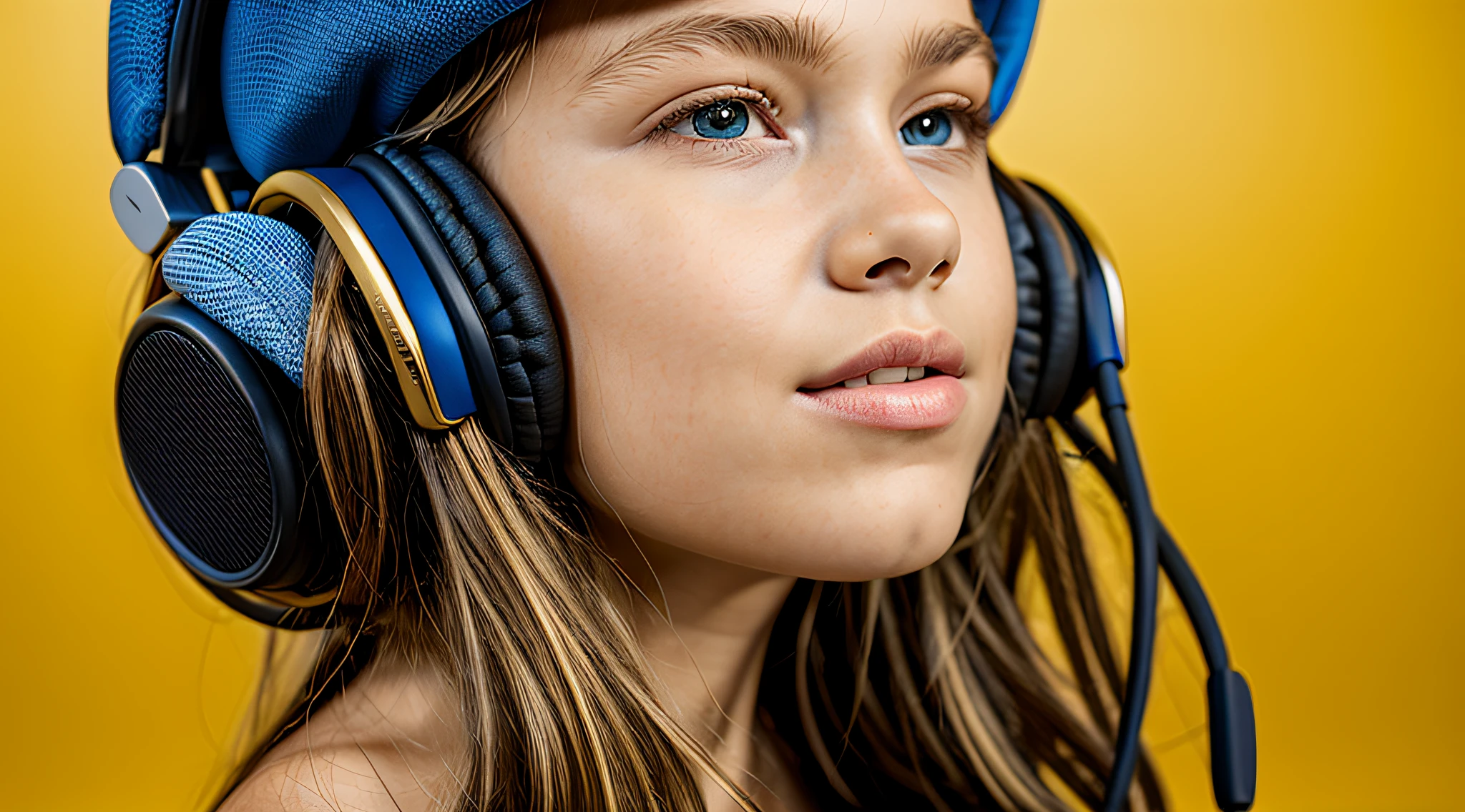 Fundo PRETO E amarelo, close-up CHILDREN BLONDE GIRL LONG HAIR AND HEADPHONES,
