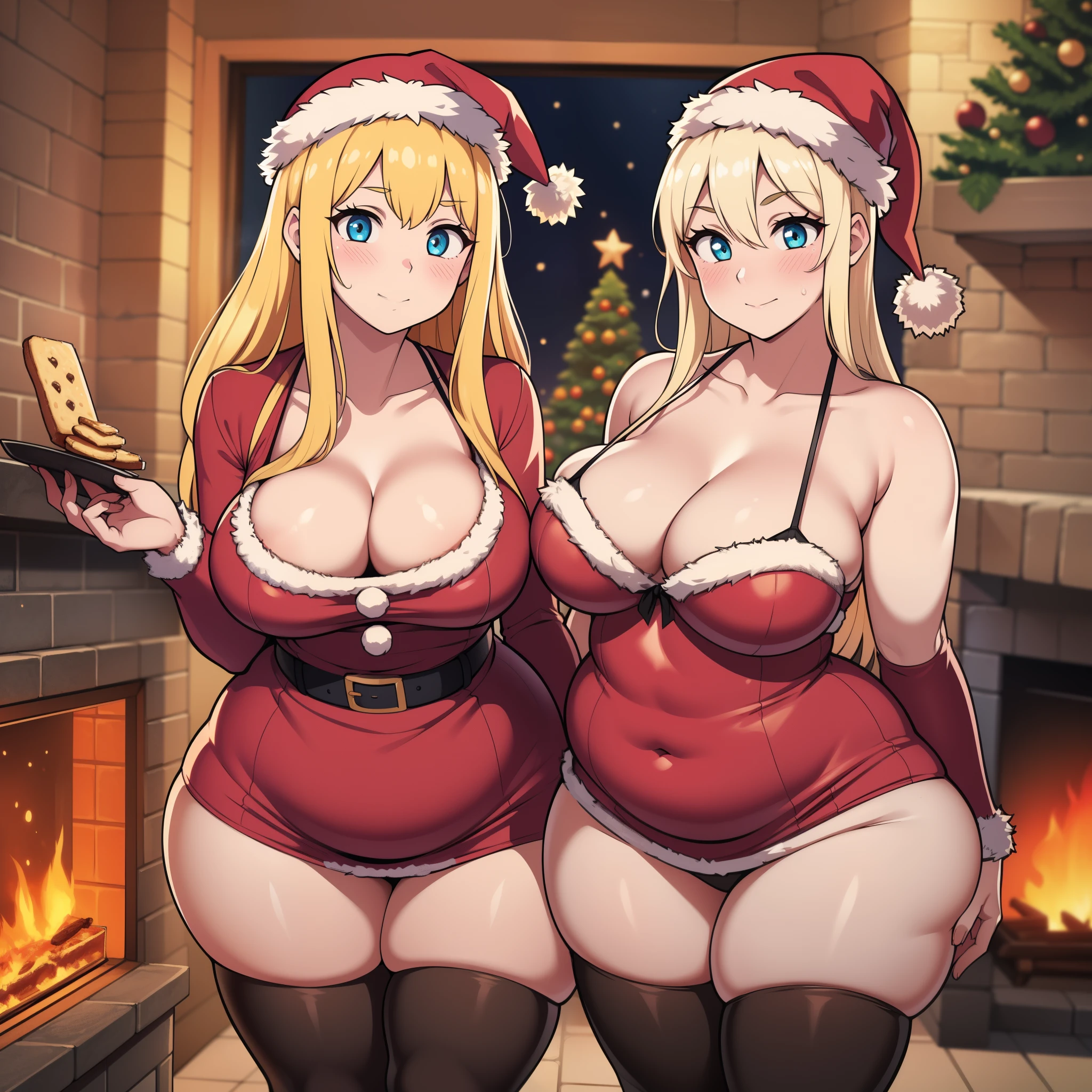 ((highres)), Masterpiece, high quality, best quality, beautiful, perfect lighting, detailed face, ultra cute face, cowboy shot, ((2girls)), (blush), one girl has blonde hair, blue eyes, one girl has brown hair, green eyes, Santa hat, Santa dress, tight clothes, full body, living room, fire place, detailed background, medium breasts, perky breasts, cleavage, ((wide hips)), ((thick thighs)), ((chubby)), pudgy belly, fat folds, standing next to each other, holding cookies,