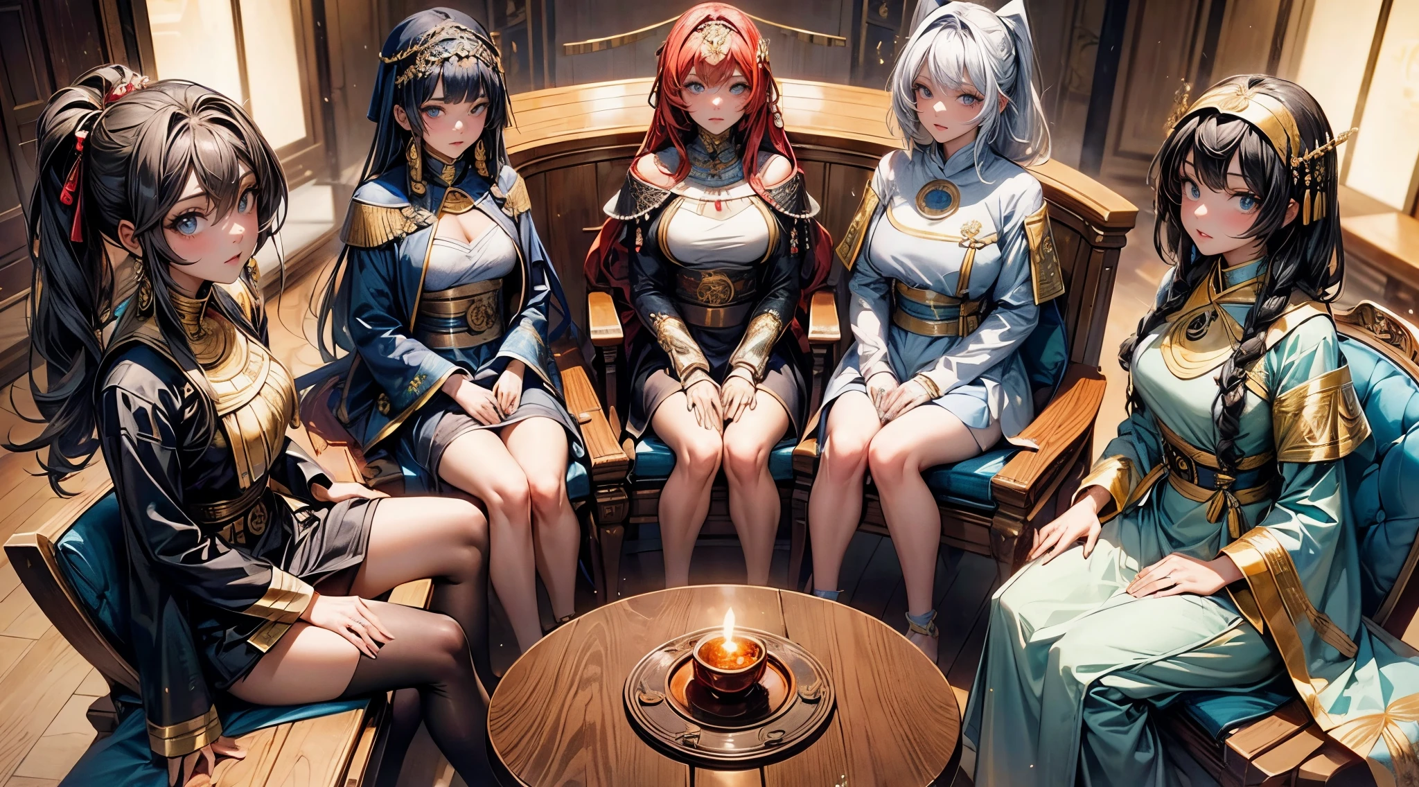 four girls sitting around a round table, hands together, council meeting, eyes at viewer, (1girl sitting on the left side, egyptian heritage), (1girl sitting on the center left, french heritage) (1girl sitting center right, chinese heritage cheongsam) (1girl sitting far right, fur coat aristocratic) ROUND wooden table, council meeting, looking at viewer, as seen from above, pov, shiny eyes, intense gaze,